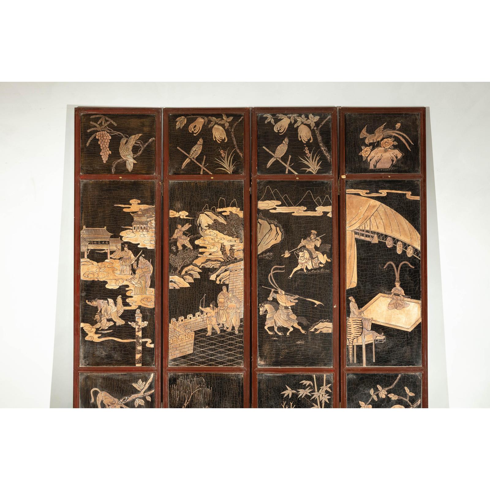 Four-Panel Black Lacquer Screen with Painted Narrative and Animal Scenes-3. Asian &amp; Chinese Furniture, Art, Antiques, Vintage Home Décor for sale at FEA Home