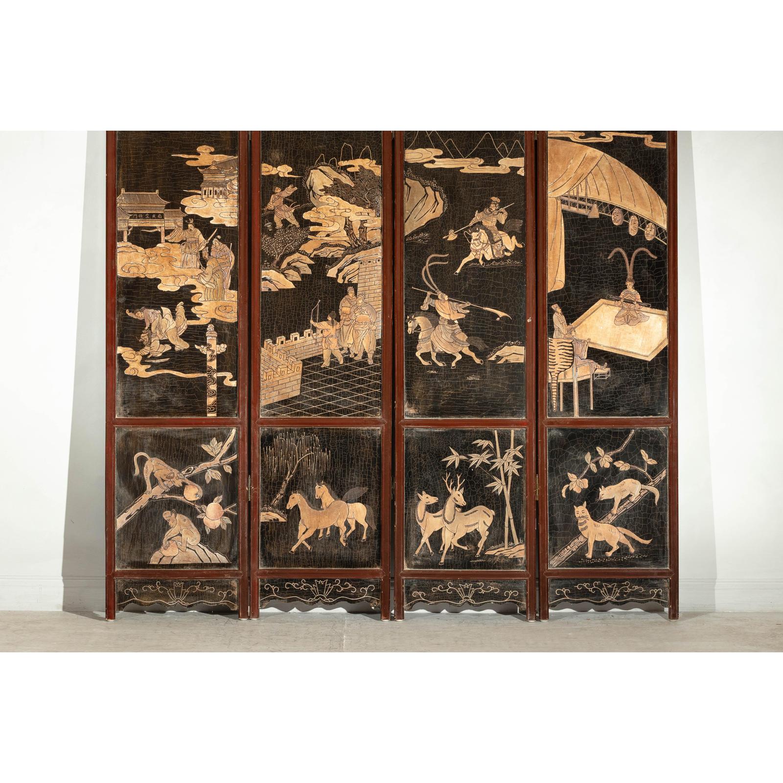 Four-Panel Black Lacquer Screen with Painted Narrative and Animal Scenes-4. Asian &amp; Chinese Furniture, Art, Antiques, Vintage Home Décor for sale at FEA Home