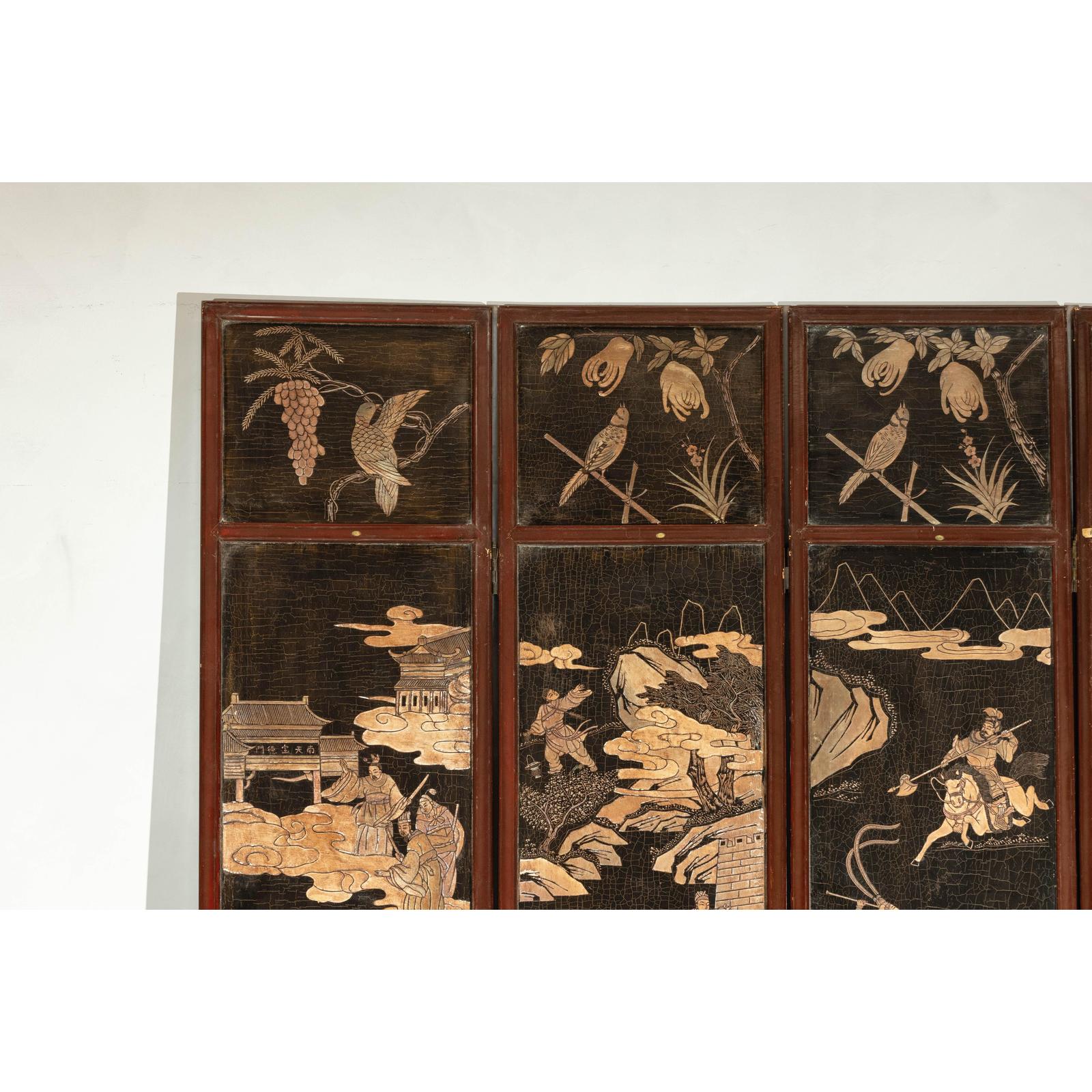 Four-Panel Black Lacquer Screen with Painted Narrative and Animal Scenes-6. Asian &amp; Chinese Furniture, Art, Antiques, Vintage Home Décor for sale at FEA Home