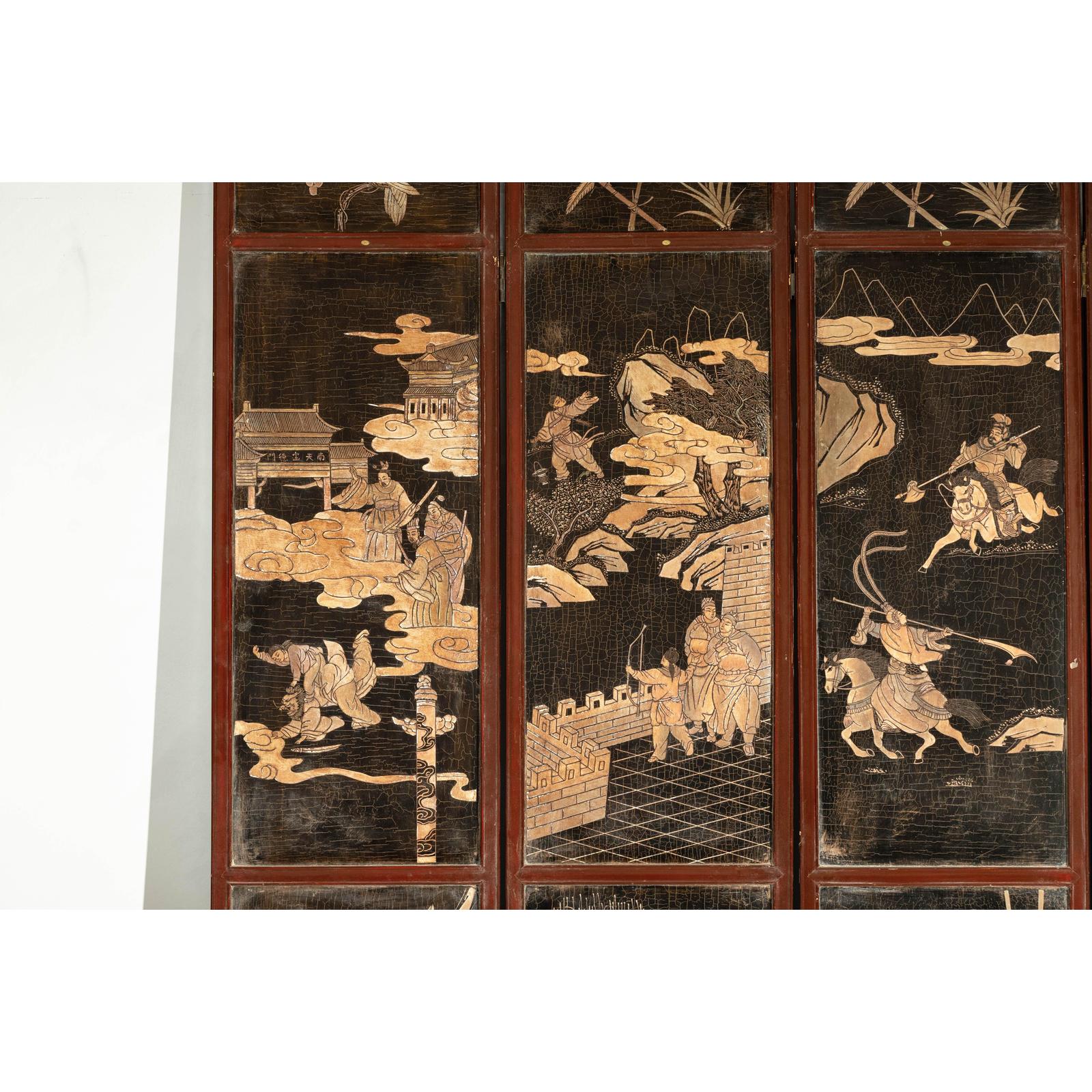Four-Panel Black Lacquer Screen with Painted Narrative and Animal Scenes-7. Asian &amp; Chinese Furniture, Art, Antiques, Vintage Home Décor for sale at FEA Home