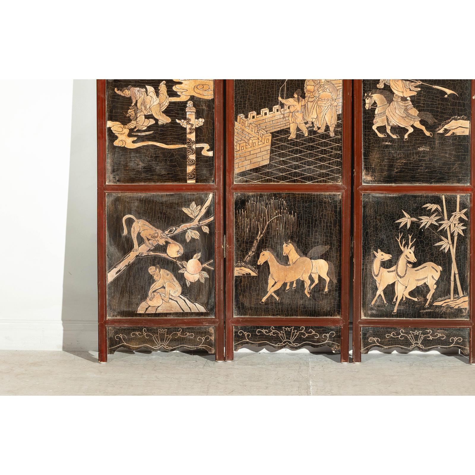 Four-Panel Black Lacquer Screen with Painted Narrative and Animal Scenes-8. Asian &amp; Chinese Furniture, Art, Antiques, Vintage Home Décor for sale at FEA Home