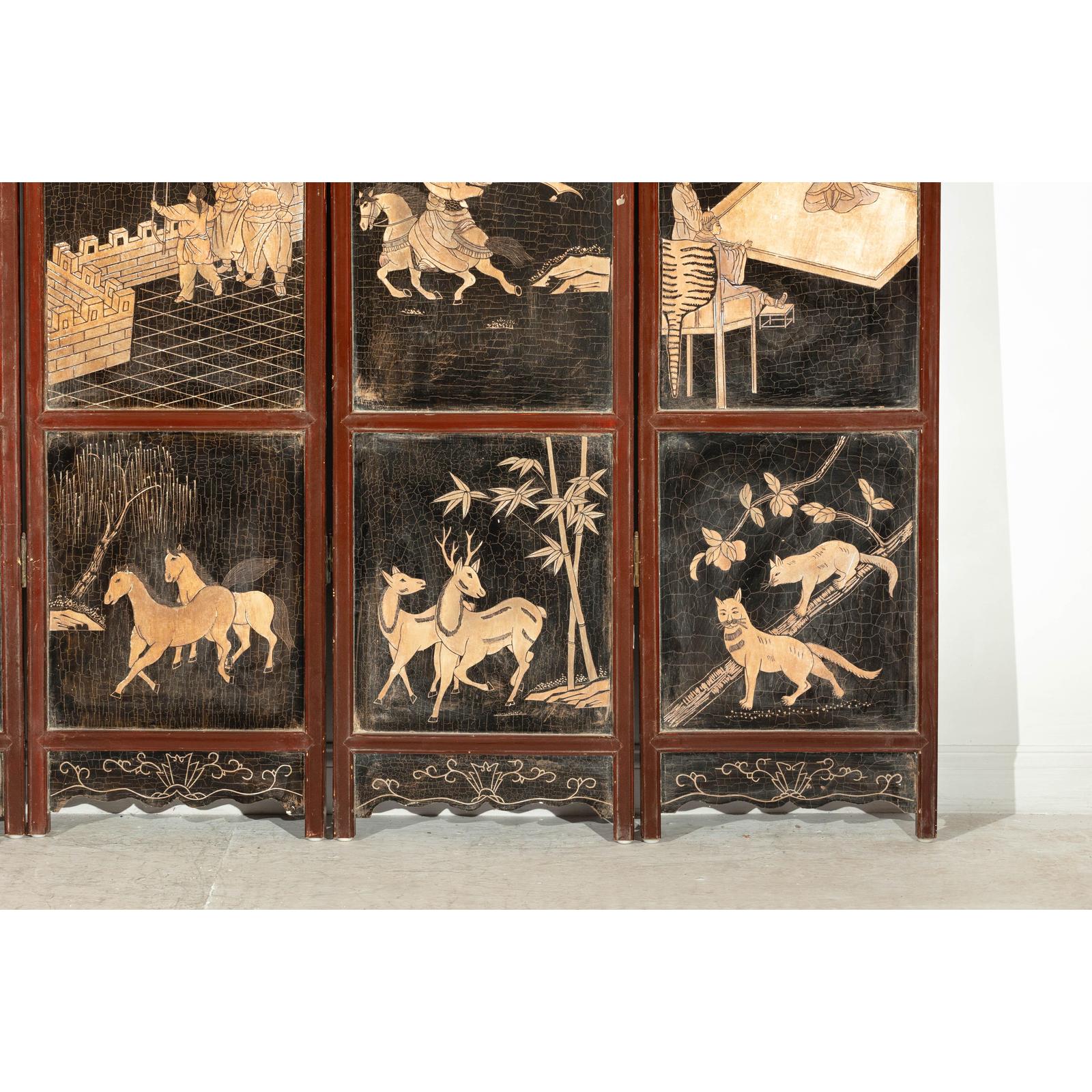 Four-Panel Black Lacquer Screen with Painted Narrative and Animal Scenes-9. Asian &amp; Chinese Furniture, Art, Antiques, Vintage Home Décor for sale at FEA Home