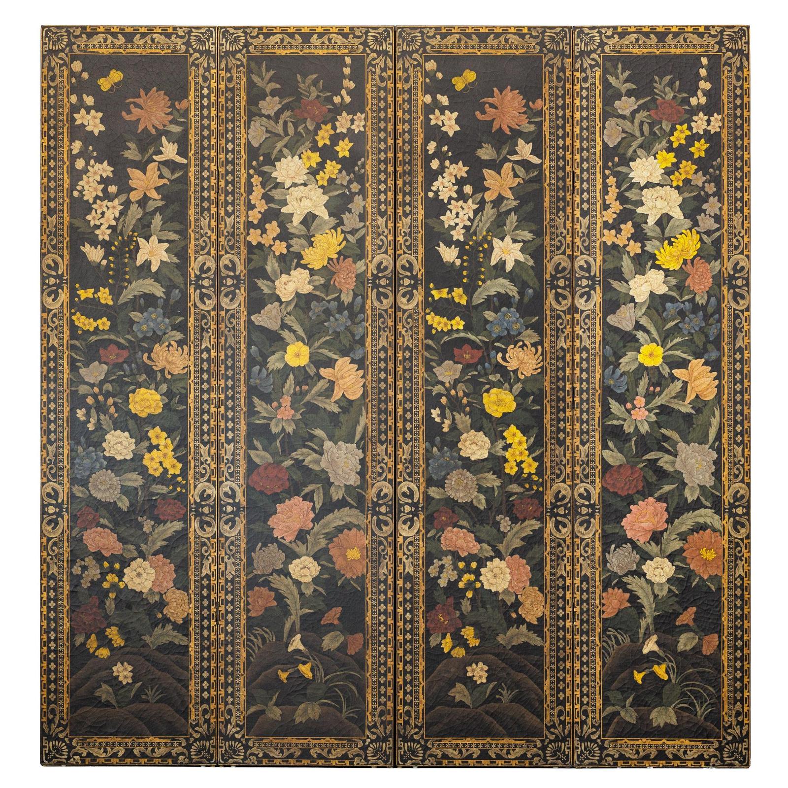 Black lacquer four-panel screen with multicolored floral and leaf patterns on dark background, full front view.