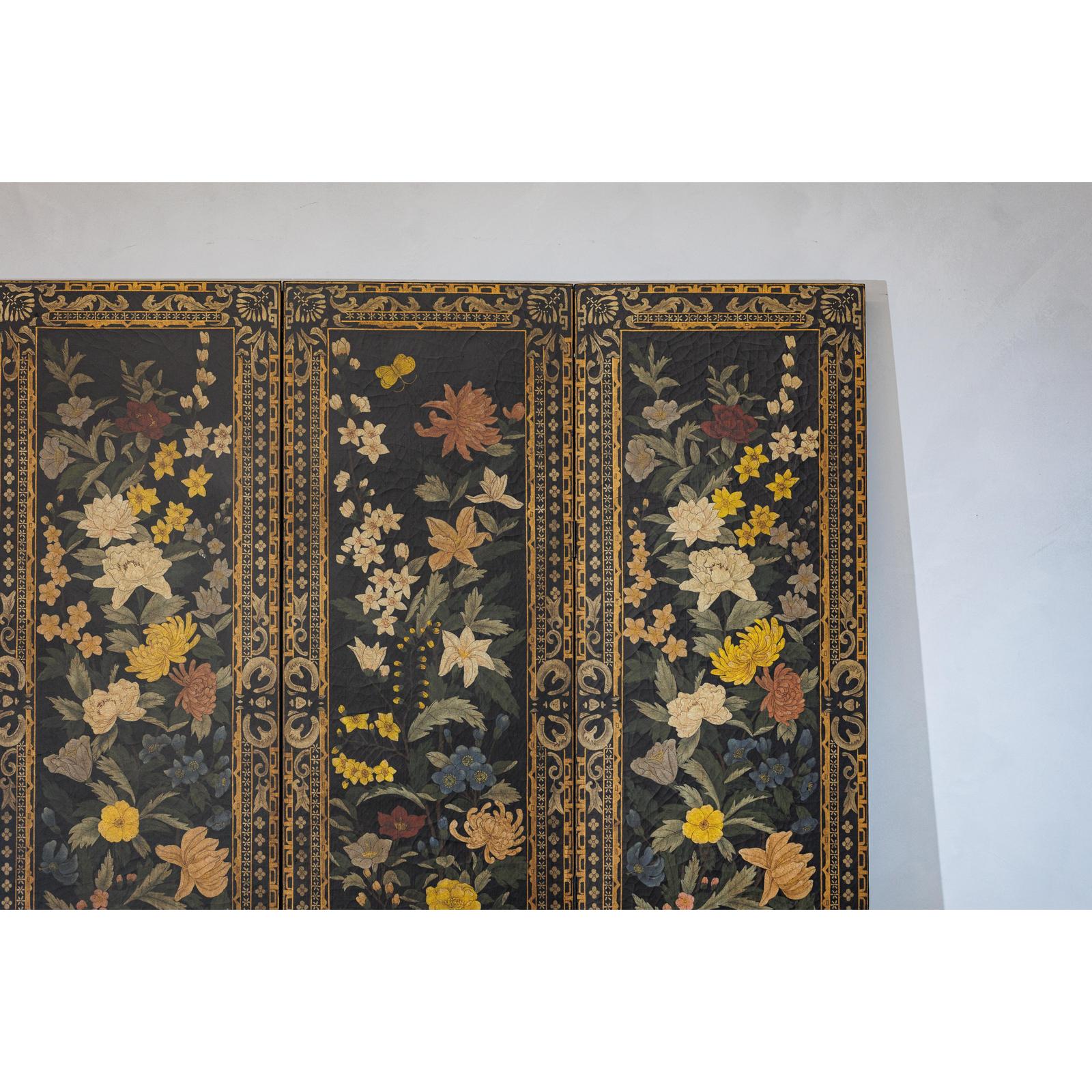 Four-Panel Black Screen with Polychrome Floral Design