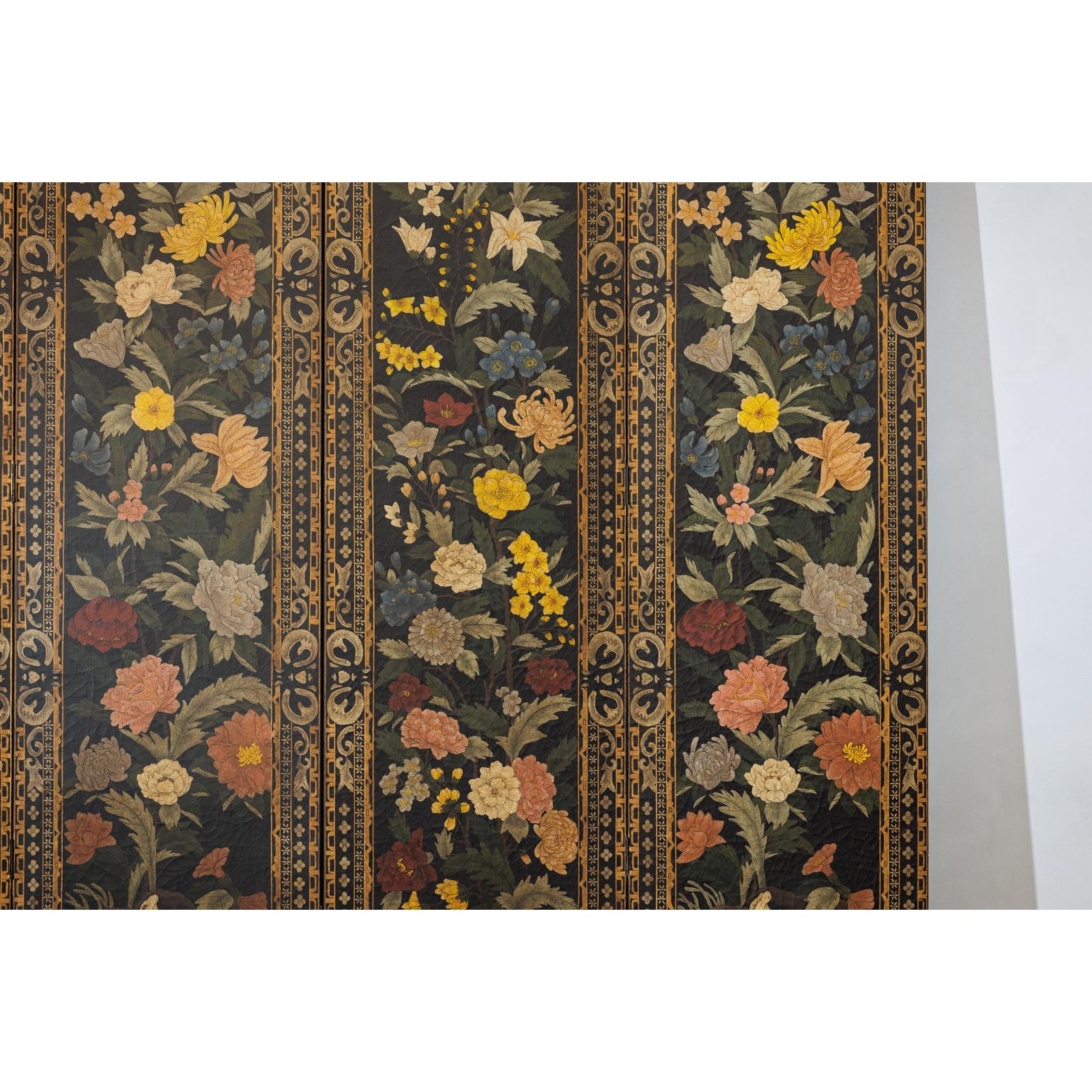 Four-Panel Black Screen with Polychrome Floral Design
