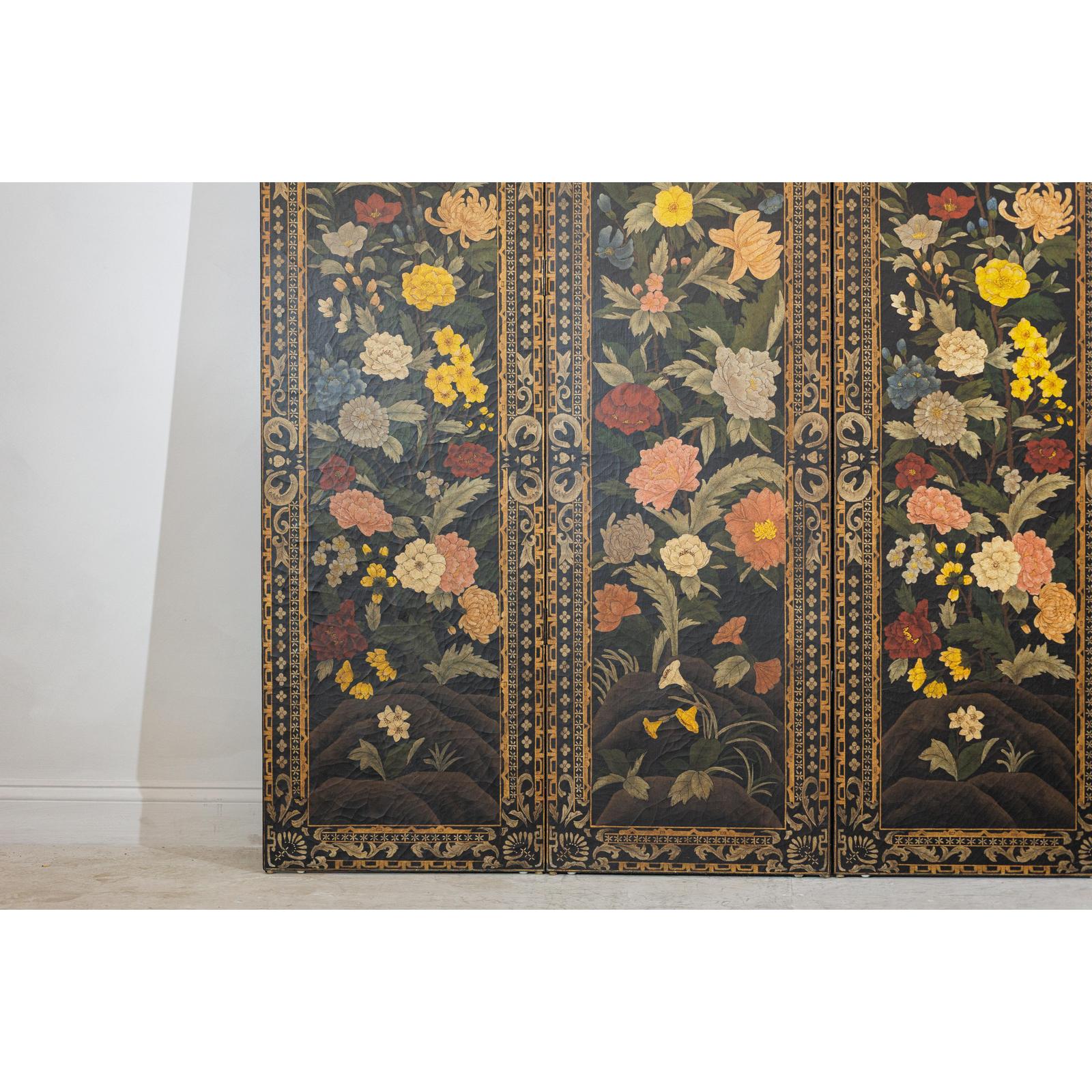 Four-Panel Black Screen with Polychrome Floral Design