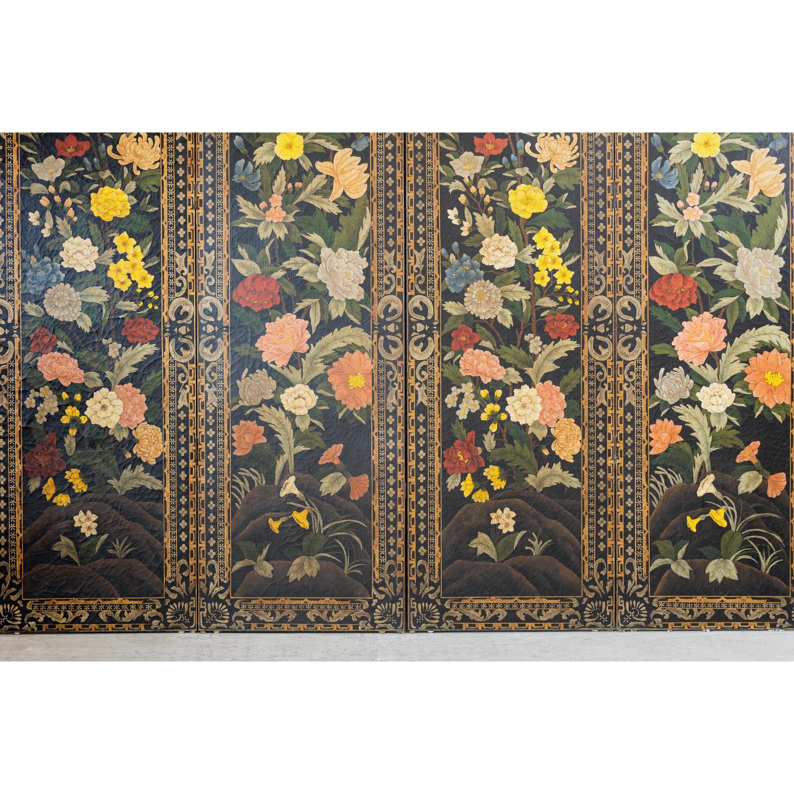Four-Panel Black Screen with Polychrome Floral Design