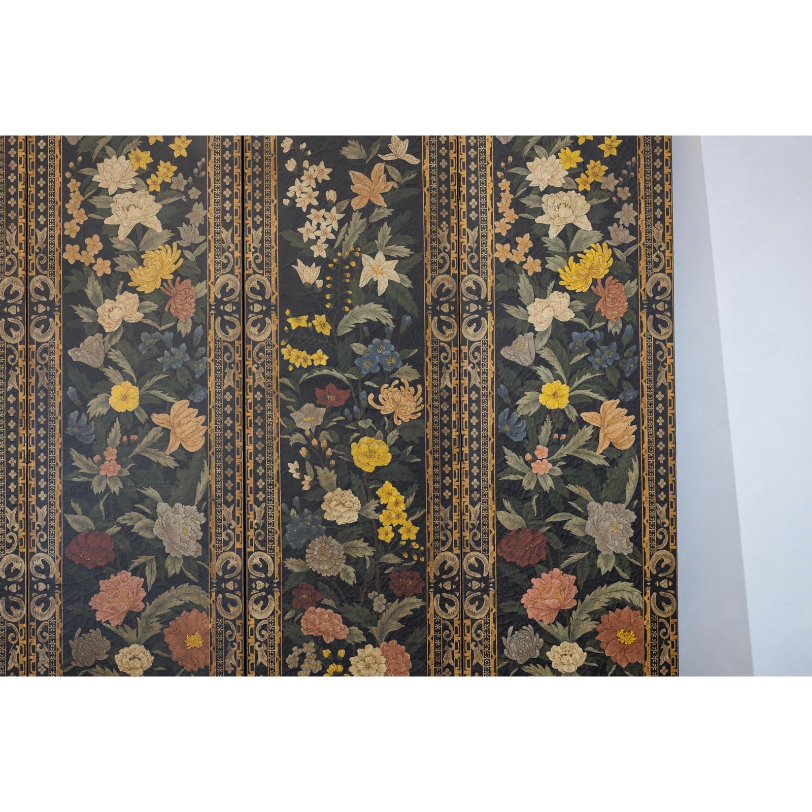 Four-Panel Black Screen with Polychrome Floral Design
