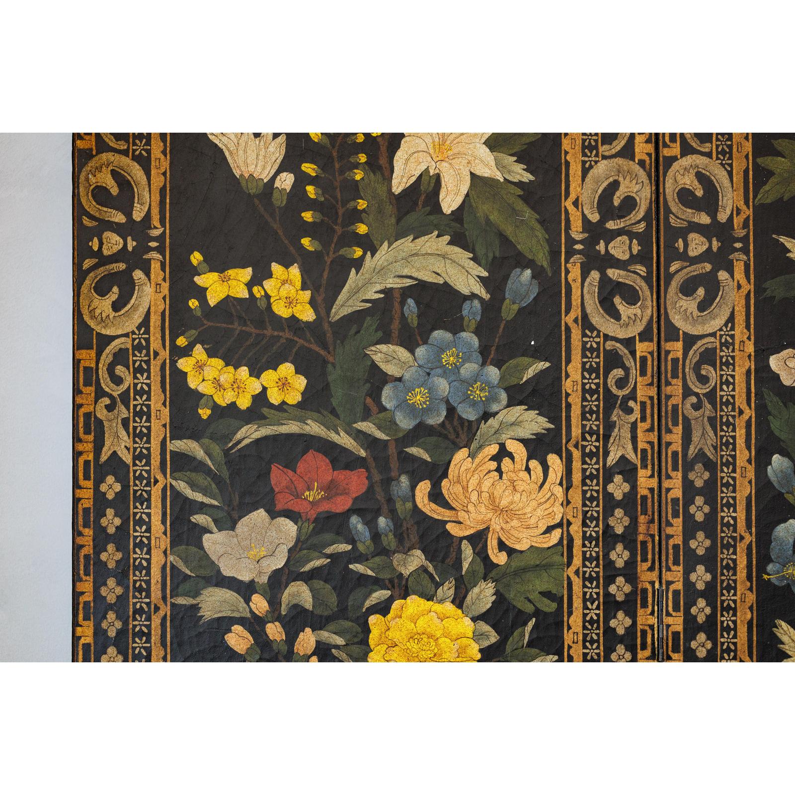 Four-Panel Black Screen with Polychrome Floral Design