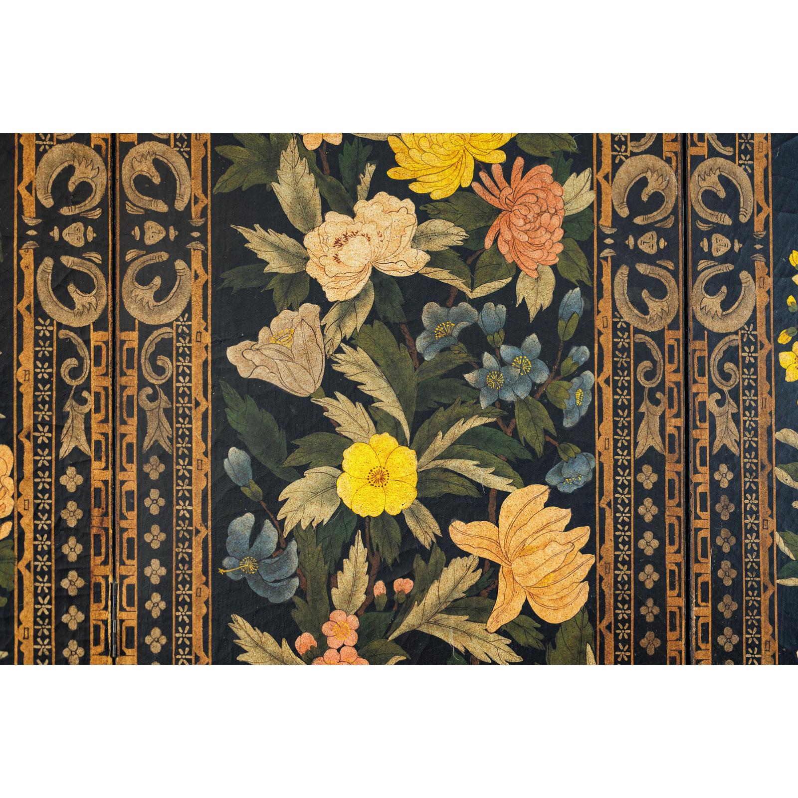 Four-Panel Black Screen with Polychrome Floral Design