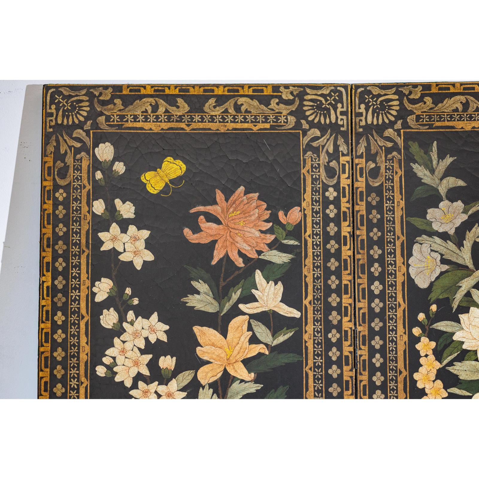 Four-Panel Black Screen with Polychrome Floral Design