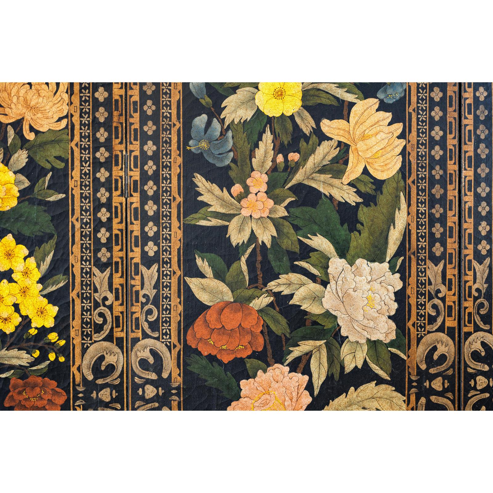 Four-Panel Black Screen with Polychrome Floral Design