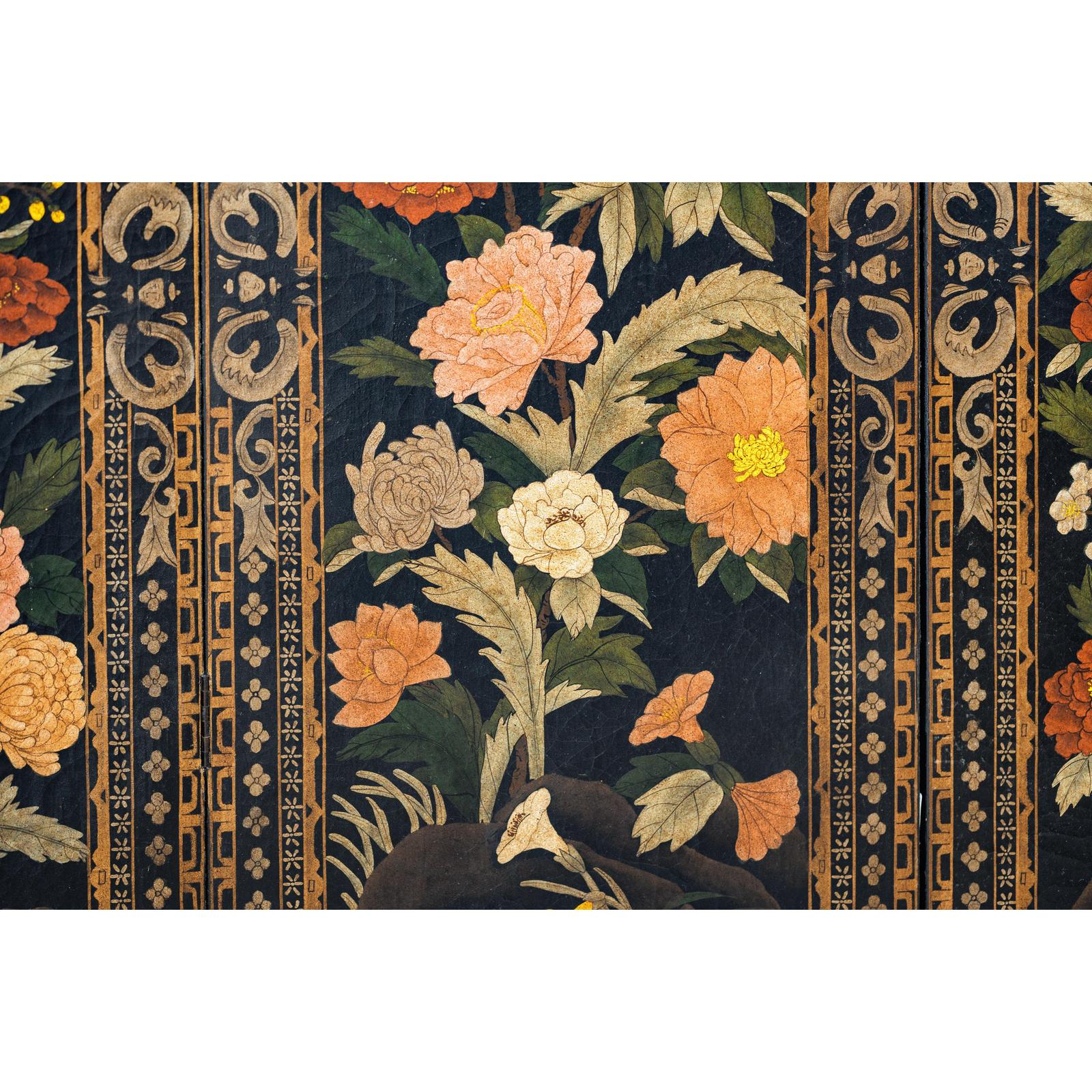 Four-Panel Black Screen with Polychrome Floral Design