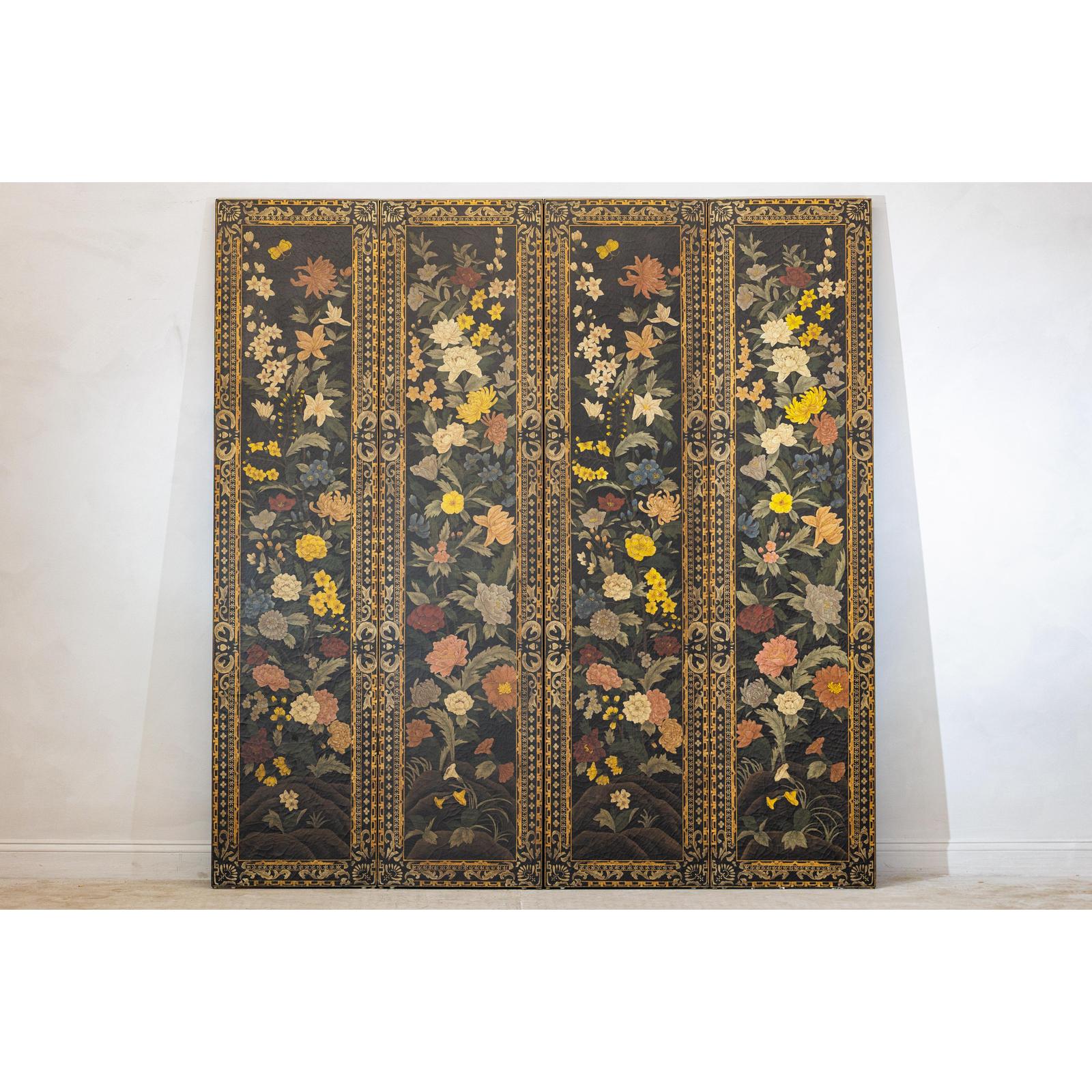 Black lacquer four-panel screen with multicolor vintage floral patterns in yellow, red, orange, and white.