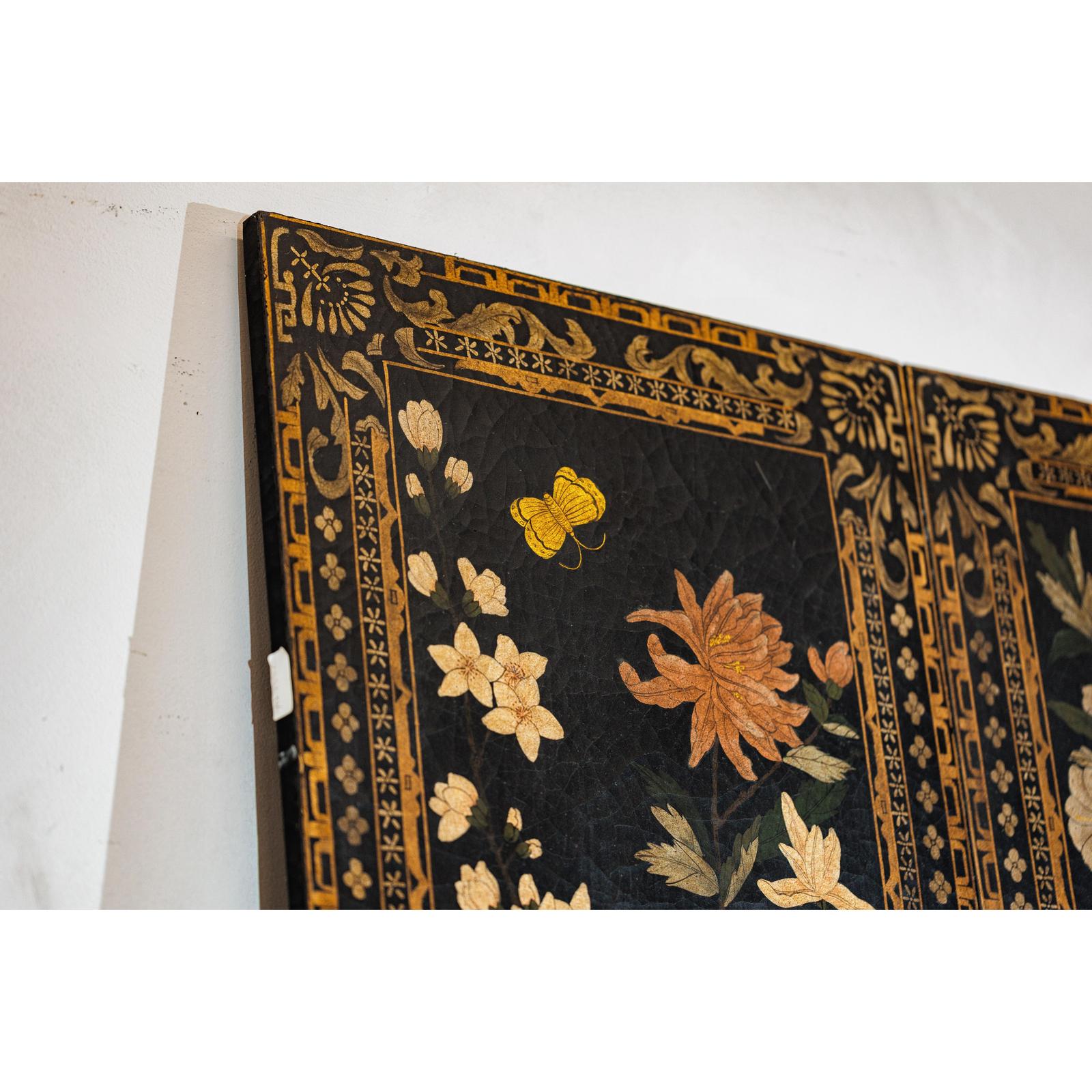 Four-Panel Black Screen with Polychrome Floral Design