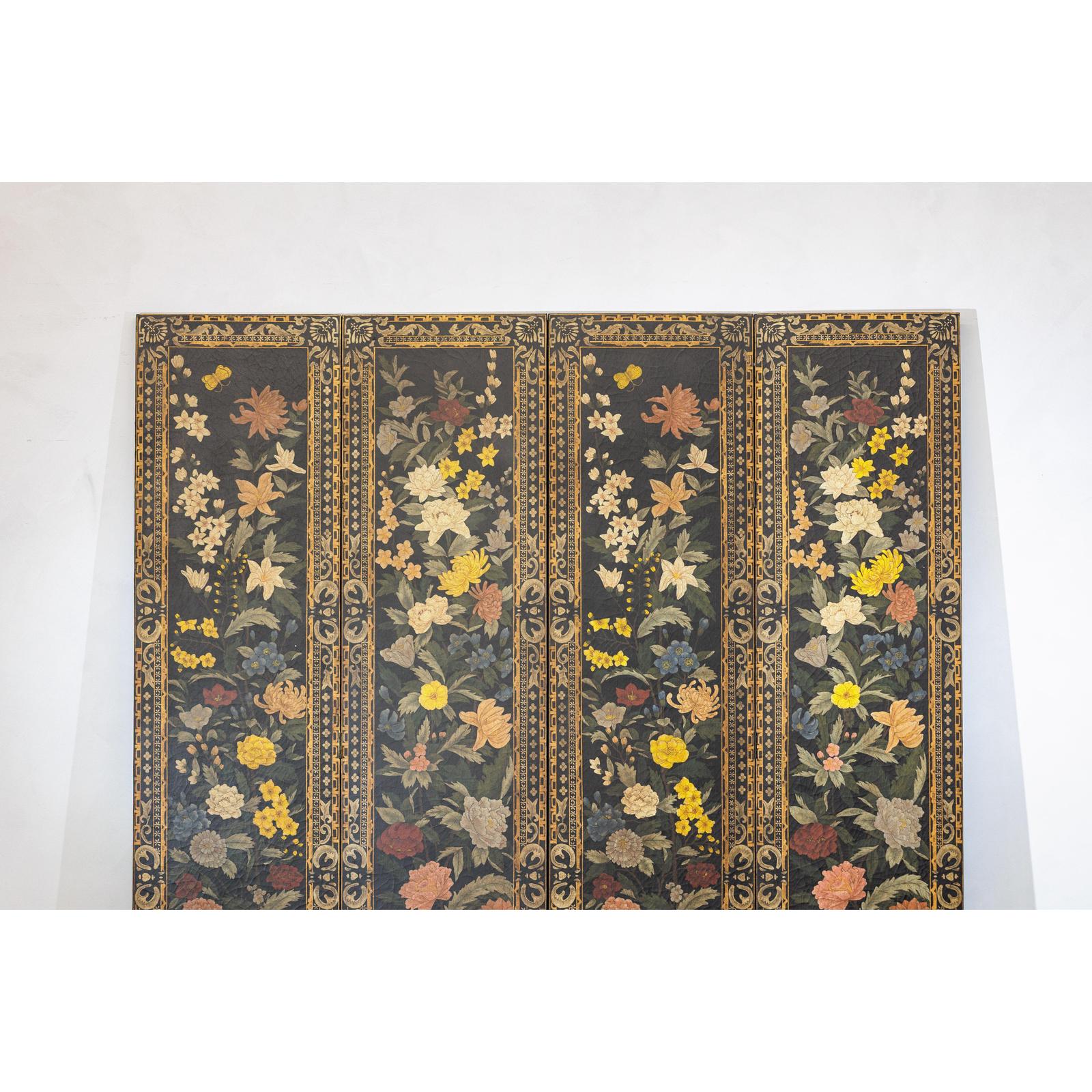 Black four-panel screen with multicolored floral design and ornate borders, polychrome pattern visible on each panel.