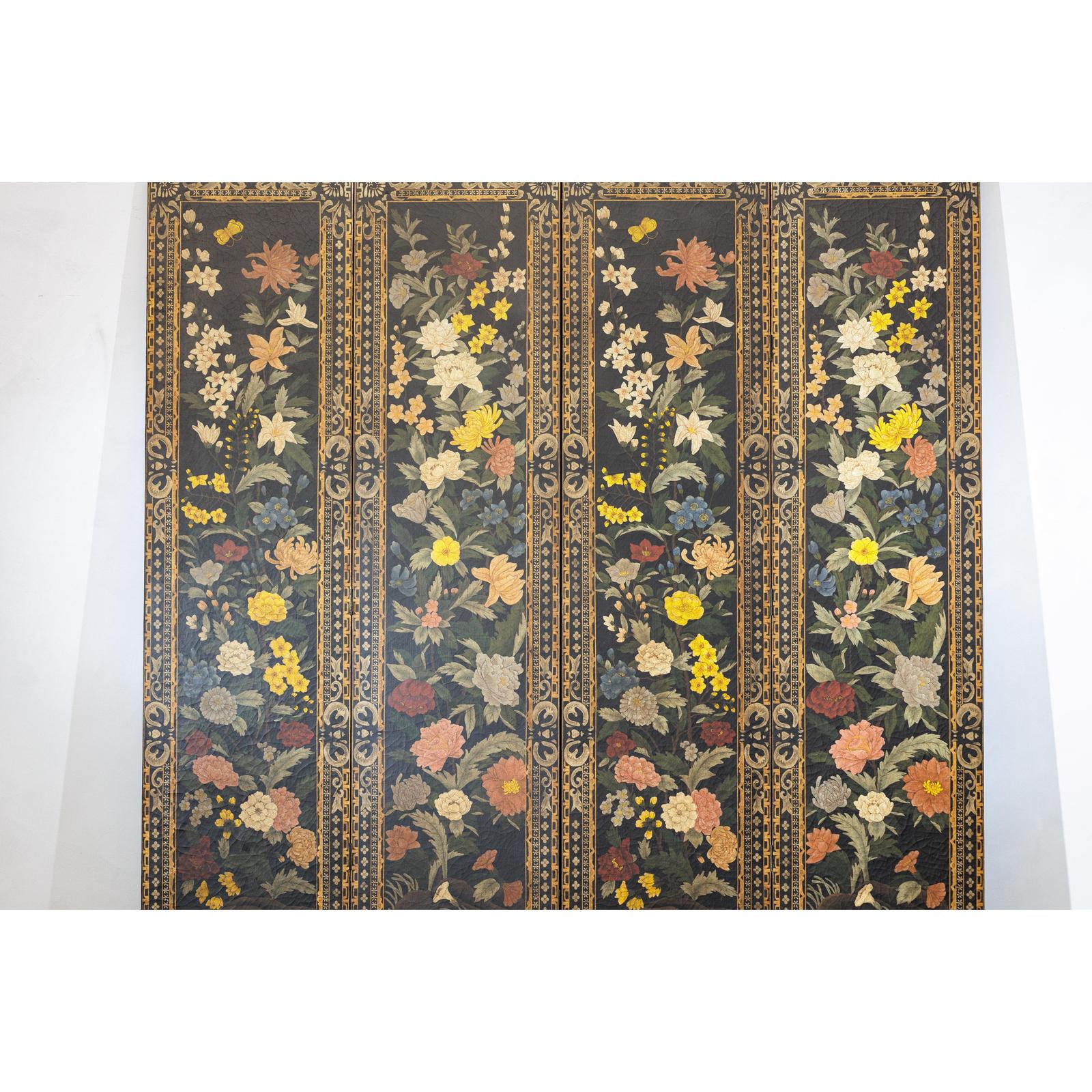 Black lacquer four-panel screen with multicolored floral and gold design on dark background, front view.
