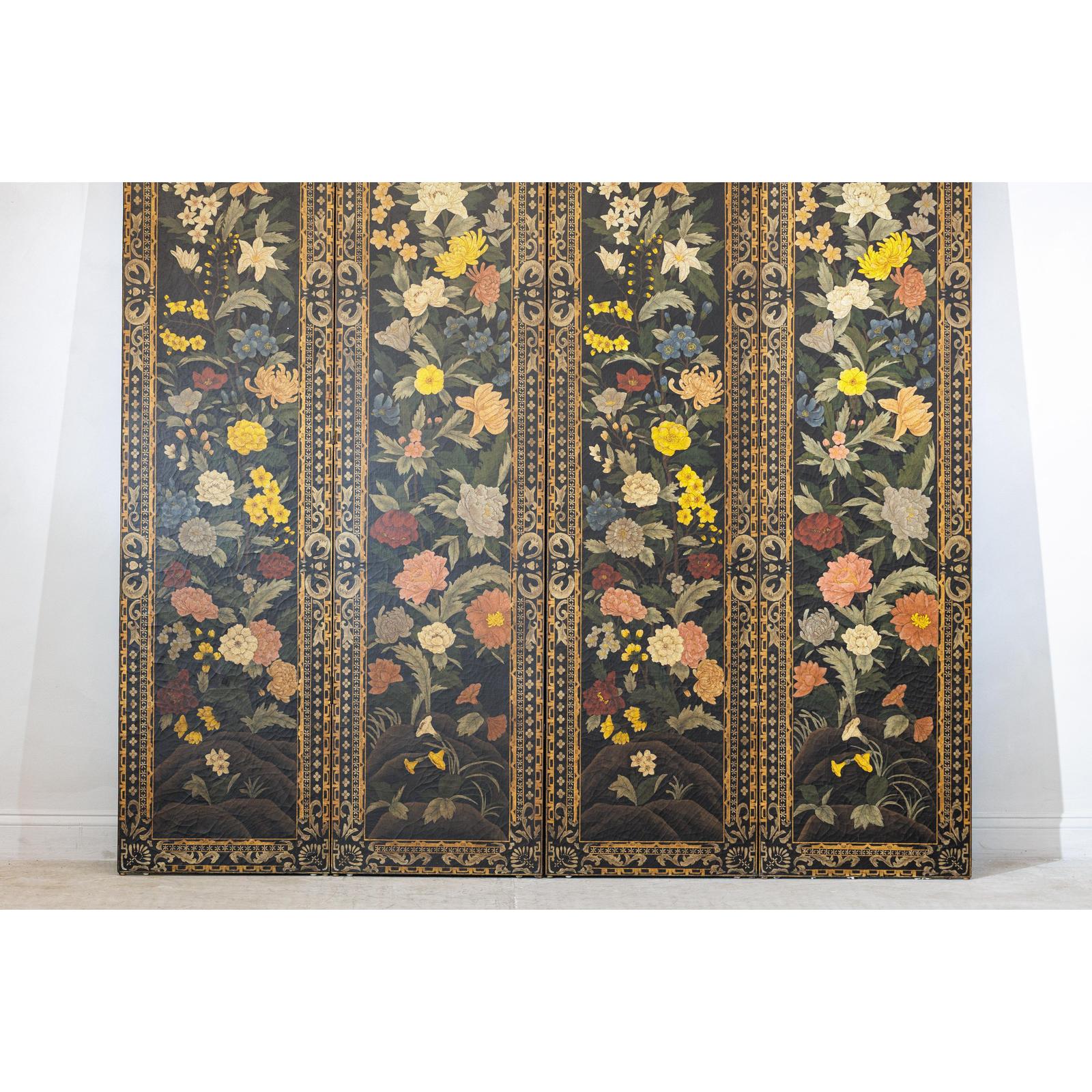Four-Panel Black Screen with Polychrome Floral Design