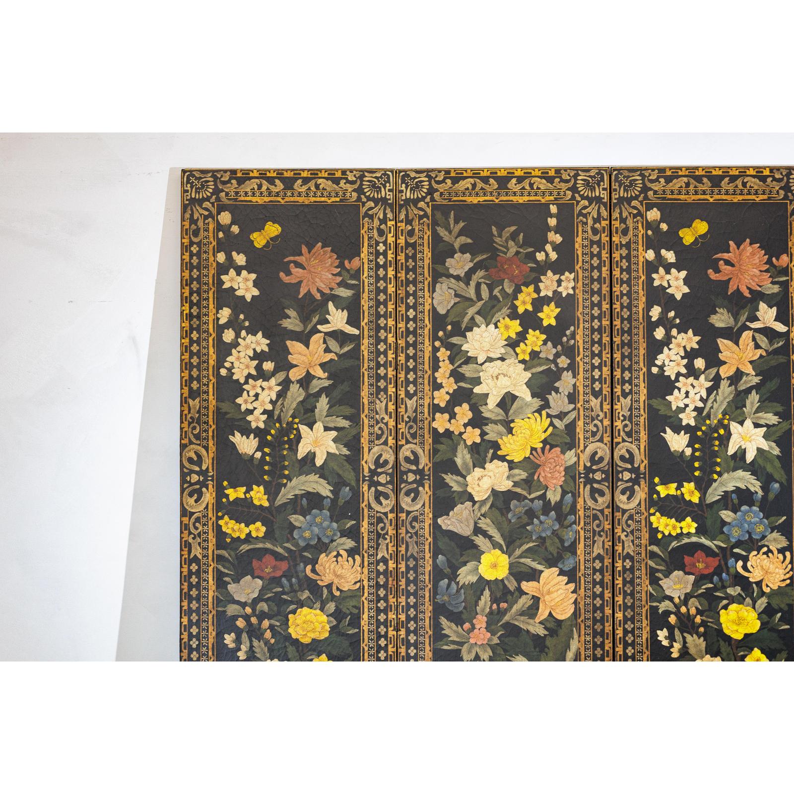 Four-Panel Black Screen with Polychrome Floral Design