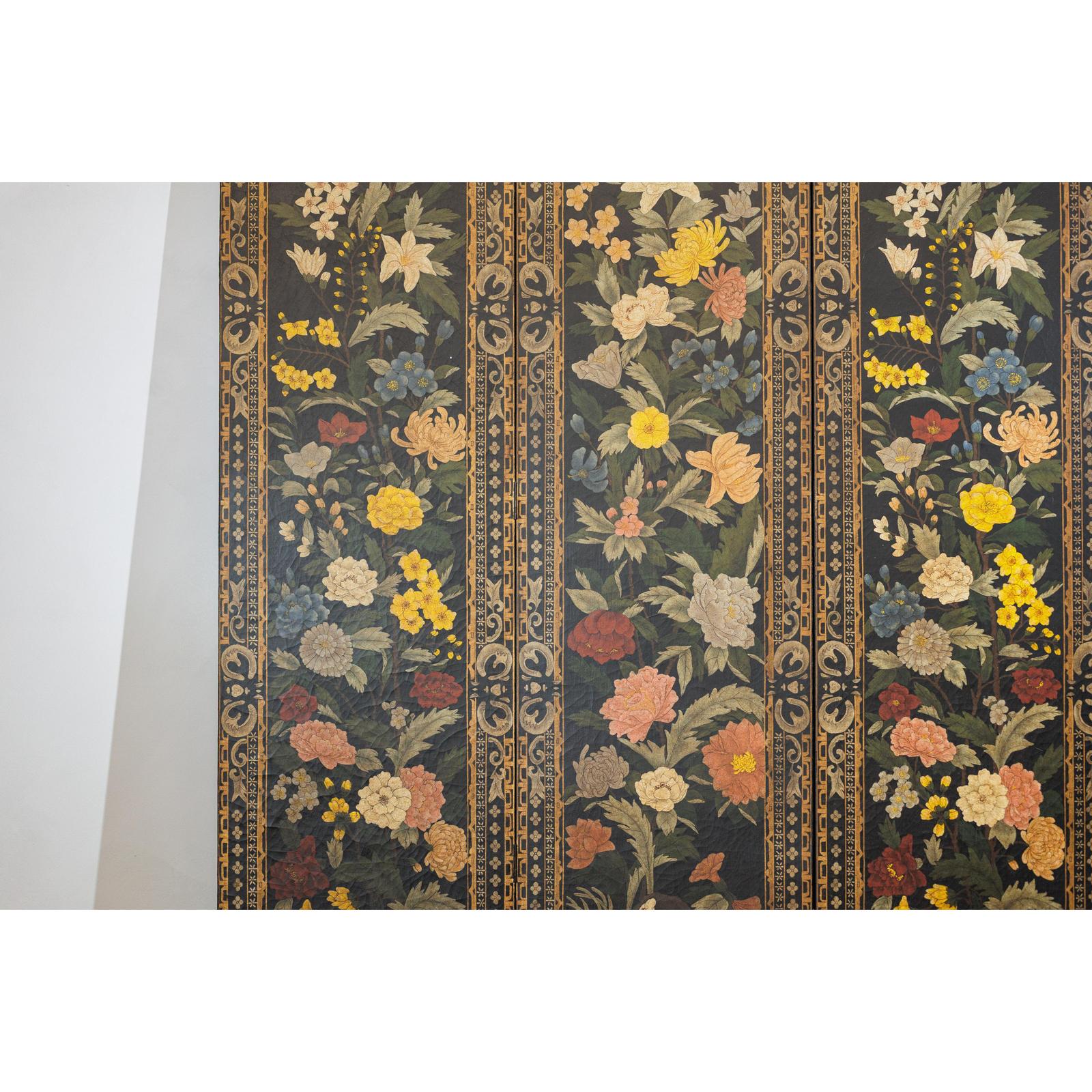 Four-Panel Black Screen with Polychrome Floral Design