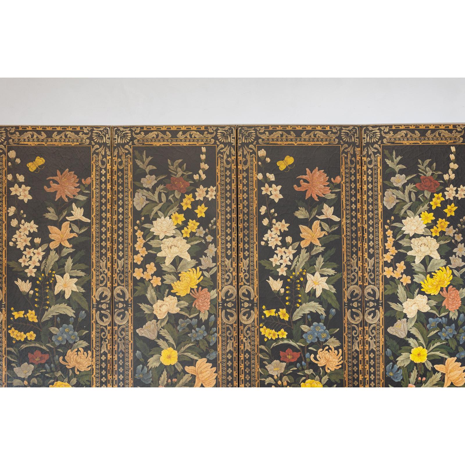 Four-Panel Black Screen with Polychrome Floral Design