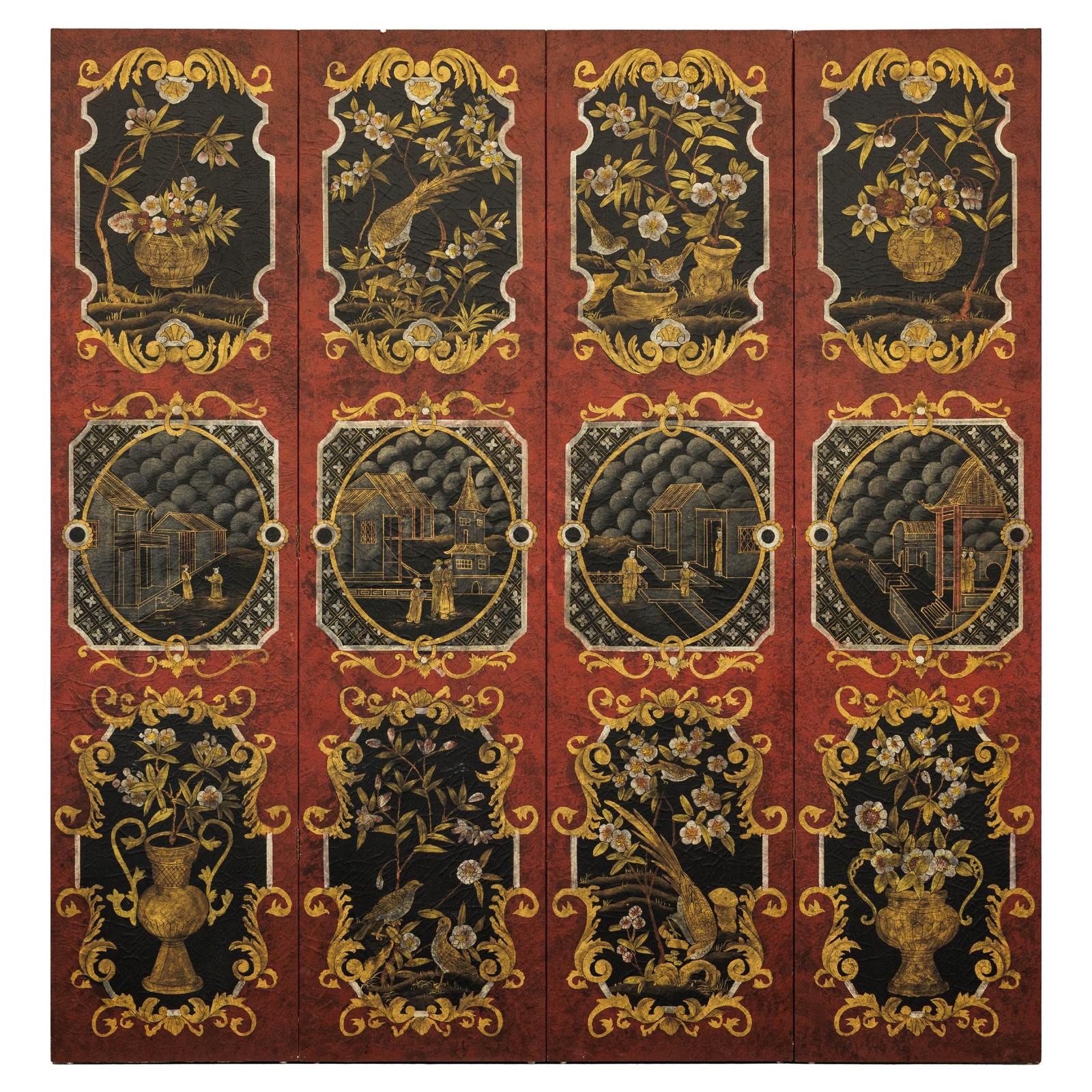 Four-Panel Cinnabar Red and Black Lacquered Screen with Gilt Chinoiserie Motifs-1. Asian & Chinese Furniture, Art, Antiques, Vintage Home Décor for sale at FEA Home