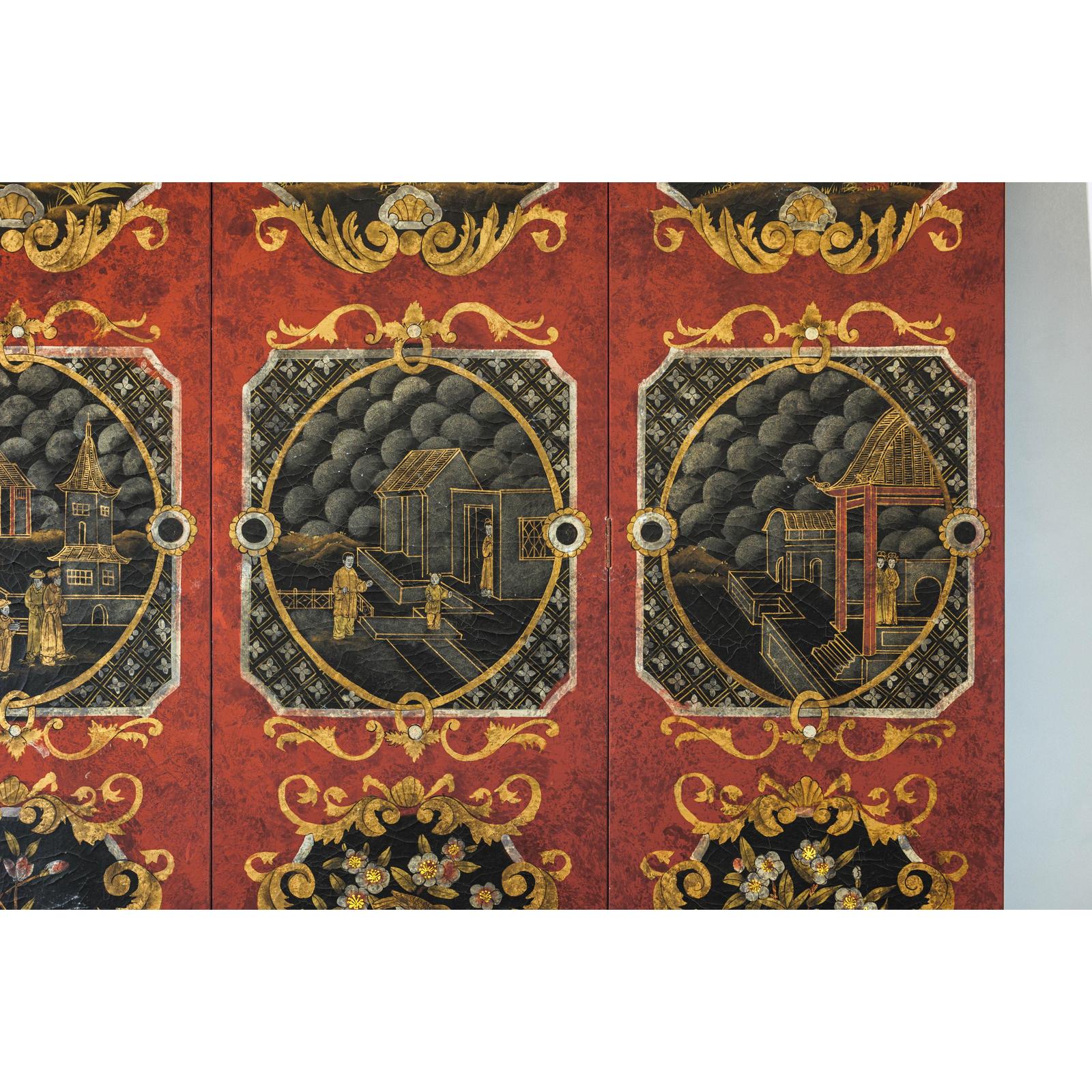 Four-Panel Cinnabar Red and Black Lacquered Screen with Gilt Chinoiserie Motifs-10. Asian &amp; Chinese Furniture, Art, Antiques, Vintage Home Décor for sale at FEA Home