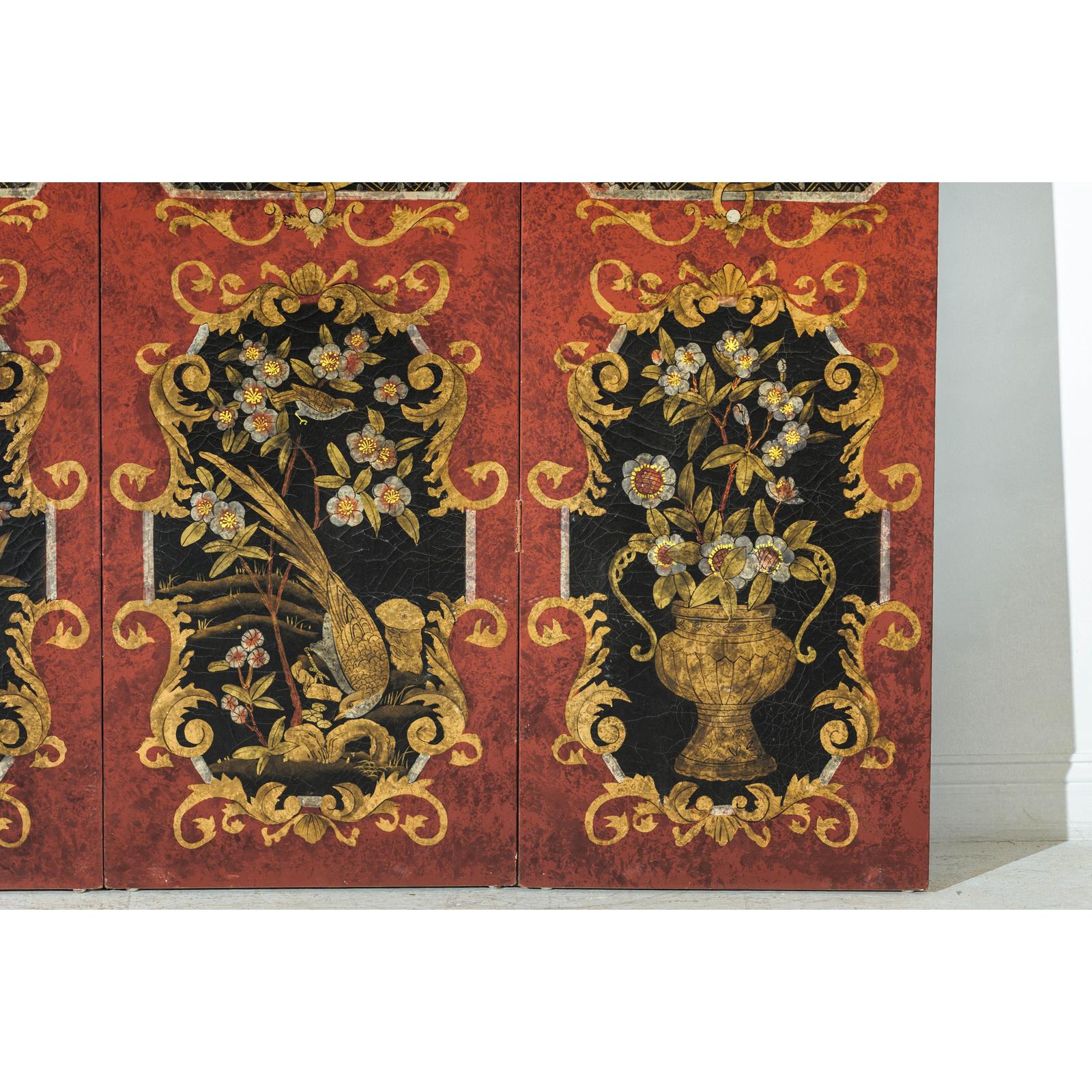 Four-Panel Cinnabar Red and Black Lacquered Screen with Gilt Chinoiserie Motifs-11. Asian &amp; Chinese Furniture, Art, Antiques, Vintage Home Décor for sale at FEA Home