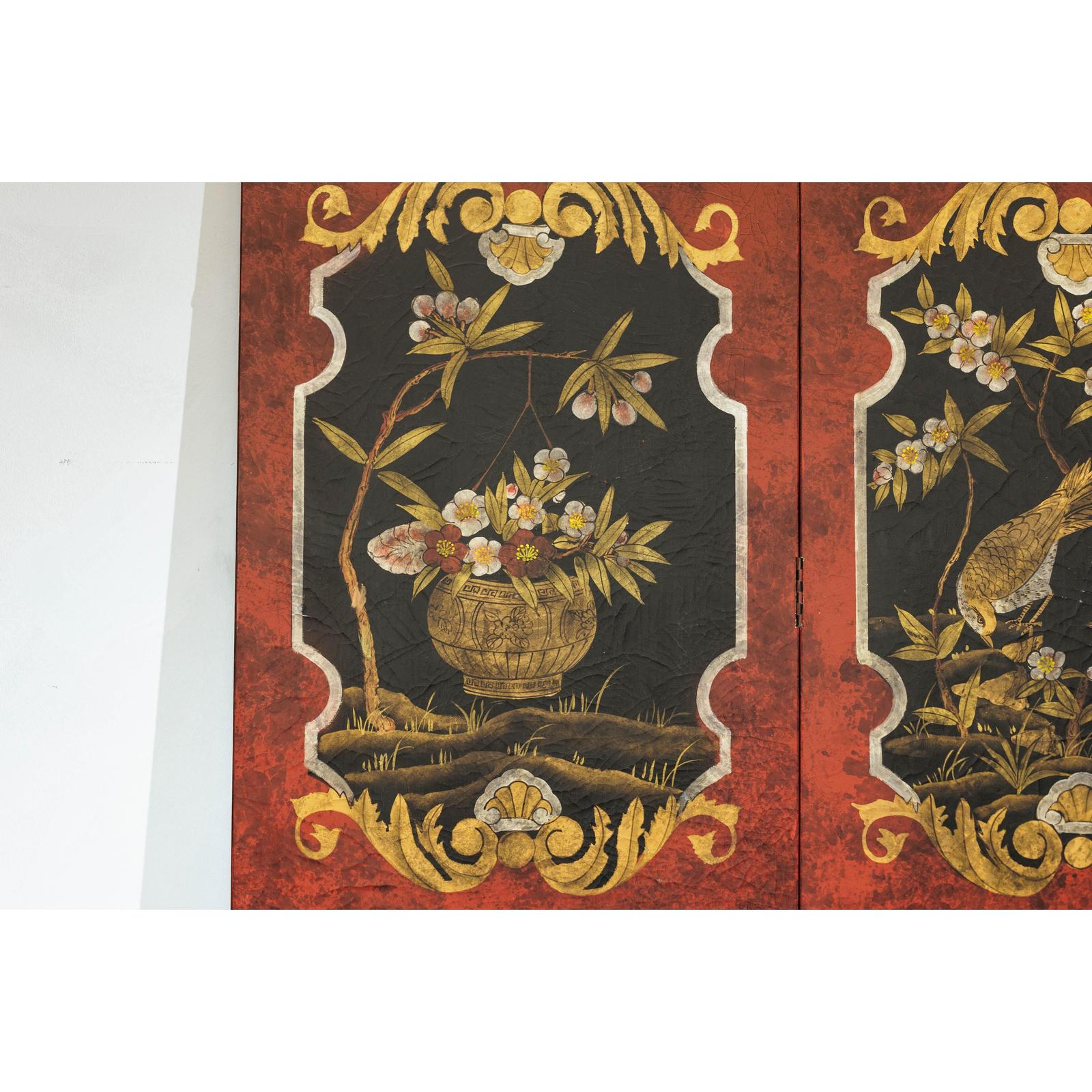 Four-Panel Cinnabar Red and Black Lacquered Screen with Gilt Chinoiserie Motifs-12. Asian &amp; Chinese Furniture, Art, Antiques, Vintage Home Décor for sale at FEA Home