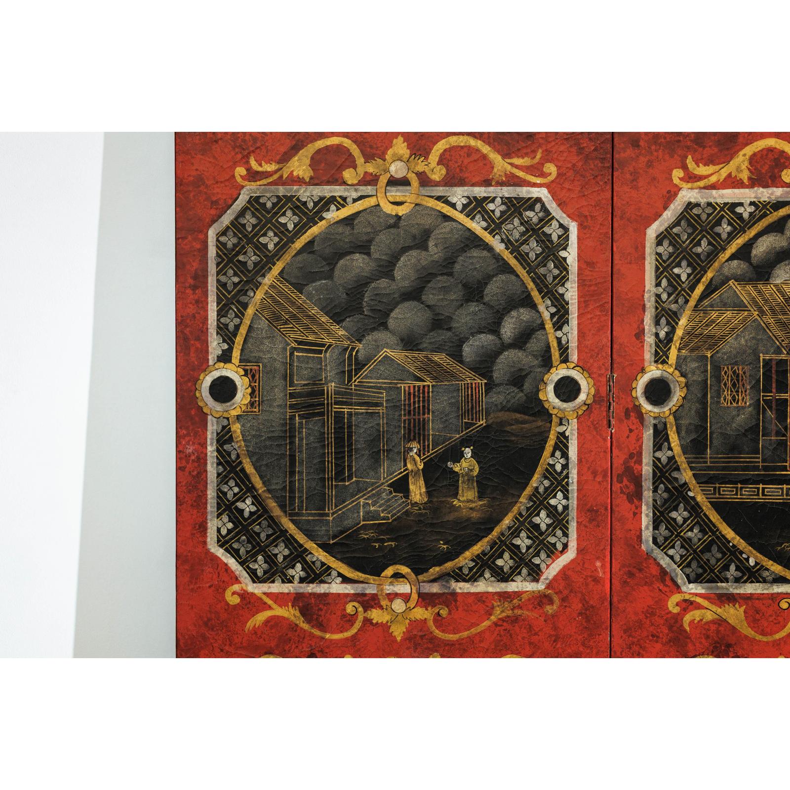 Four-Panel Cinnabar Red and Black Lacquered Screen with Gilt Chinoiserie Motifs-13. Asian &amp; Chinese Furniture, Art, Antiques, Vintage Home Décor for sale at FEA Home