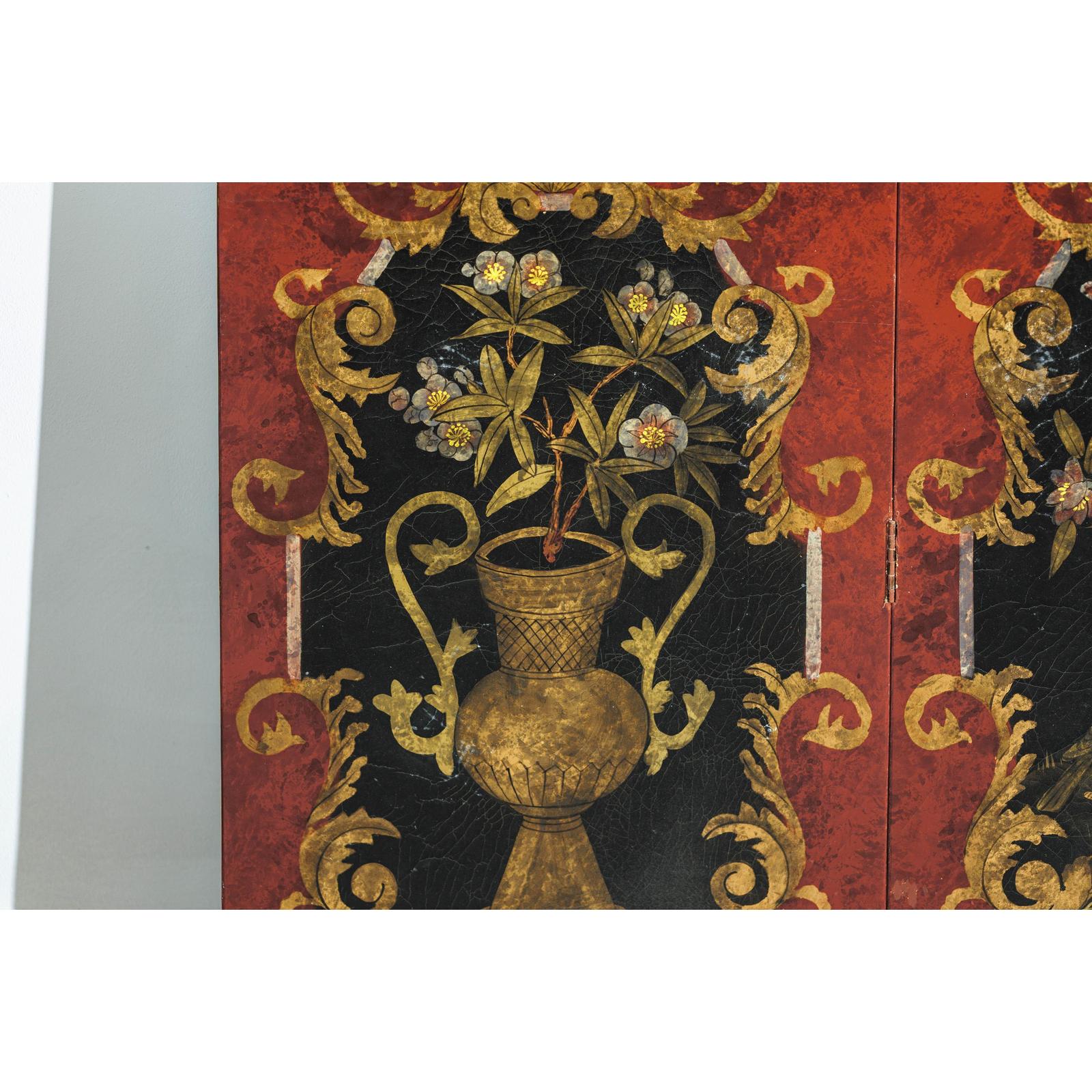 Four-Panel Cinnabar Red and Black Lacquered Screen with Gilt Chinoiserie Motifs-14. Asian &amp; Chinese Furniture, Art, Antiques, Vintage Home Décor for sale at FEA Home