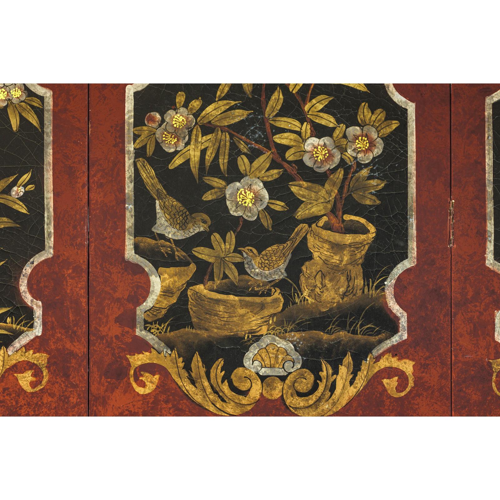 Four-Panel Cinnabar Red & Black Screen with Gilt Chinoiserie| FEA Home
