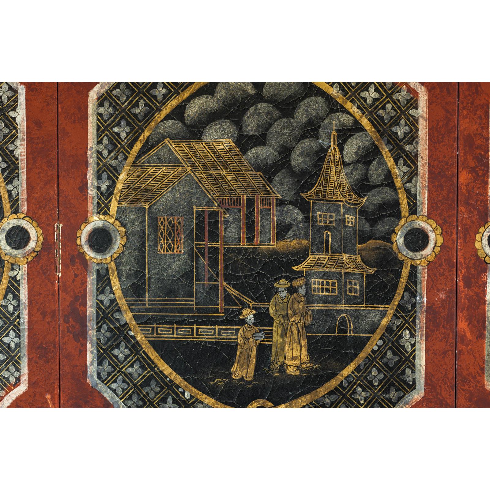 Four-Panel Cinnabar Red and Black Lacquered Screen with Gilt Chinoiserie Motifs-16. Asian &amp; Chinese Furniture, Art, Antiques, Vintage Home Décor for sale at FEA Home