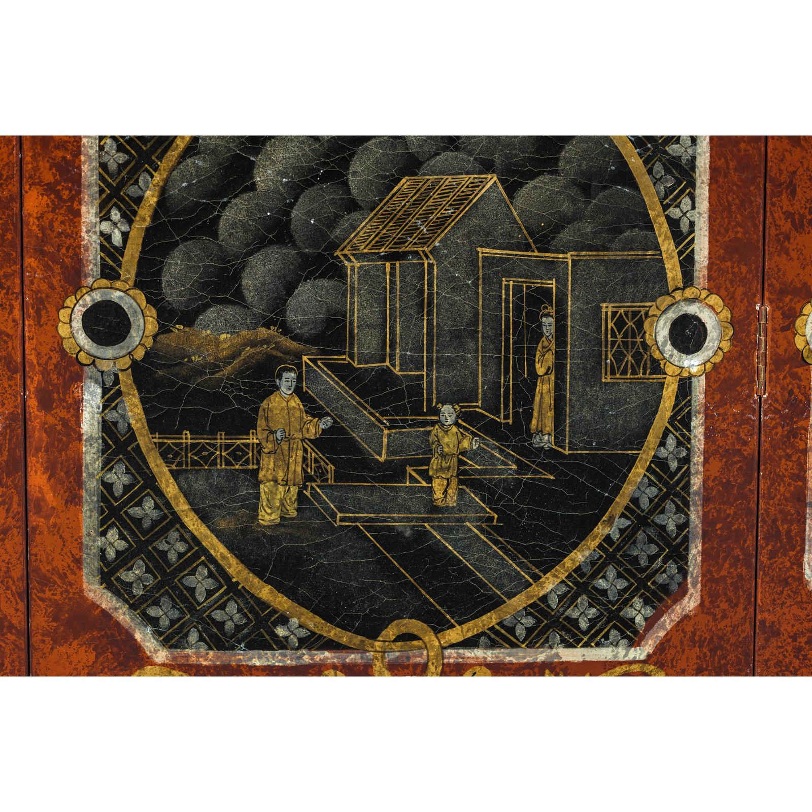 Four-Panel Cinnabar Red and Black Lacquered Screen with Gilt Chinoiserie Motifs-17. Asian &amp; Chinese Furniture, Art, Antiques, Vintage Home Décor for sale at FEA Home