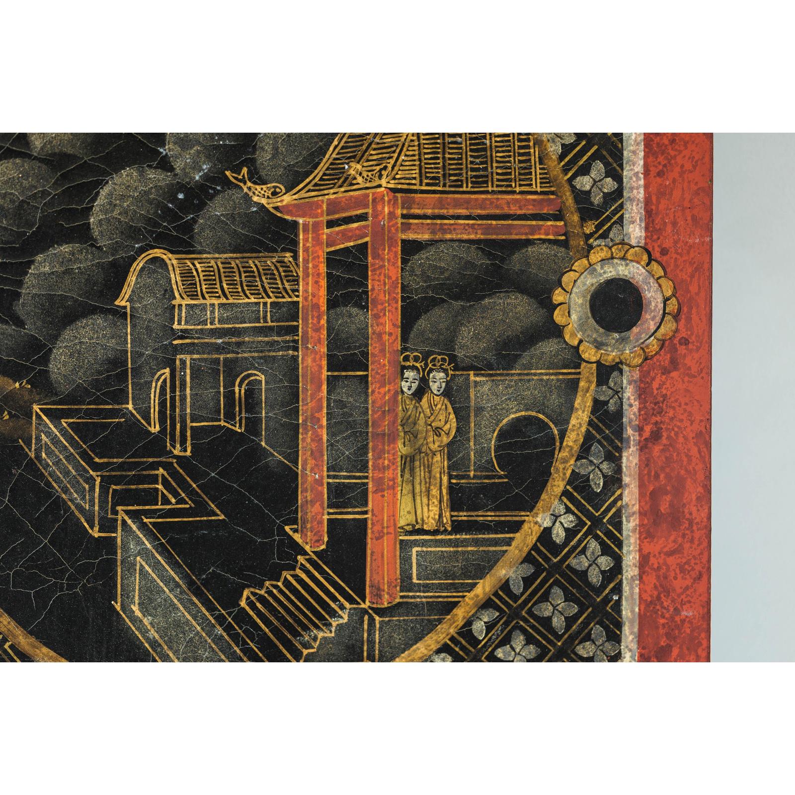 Four-Panel Cinnabar Red and Black Lacquered Screen with Gilt Chinoiserie Motifs-18. Asian &amp; Chinese Furniture, Art, Antiques, Vintage Home Décor for sale at FEA Home