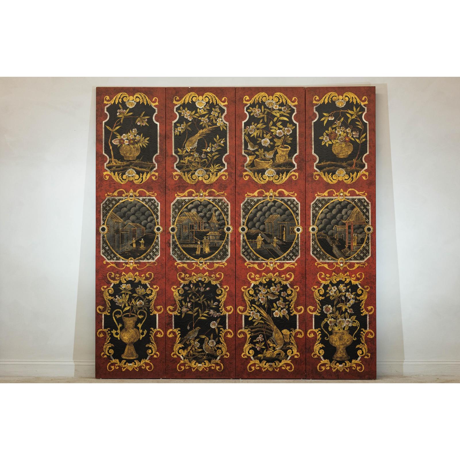 Four-Panel Cinnabar Red and Black Lacquered Screen with Gilt Chinoiserie Motifs-2. Asian & Chinese Furniture, Art, Antiques, Vintage Home Décor for sale at FEA Home