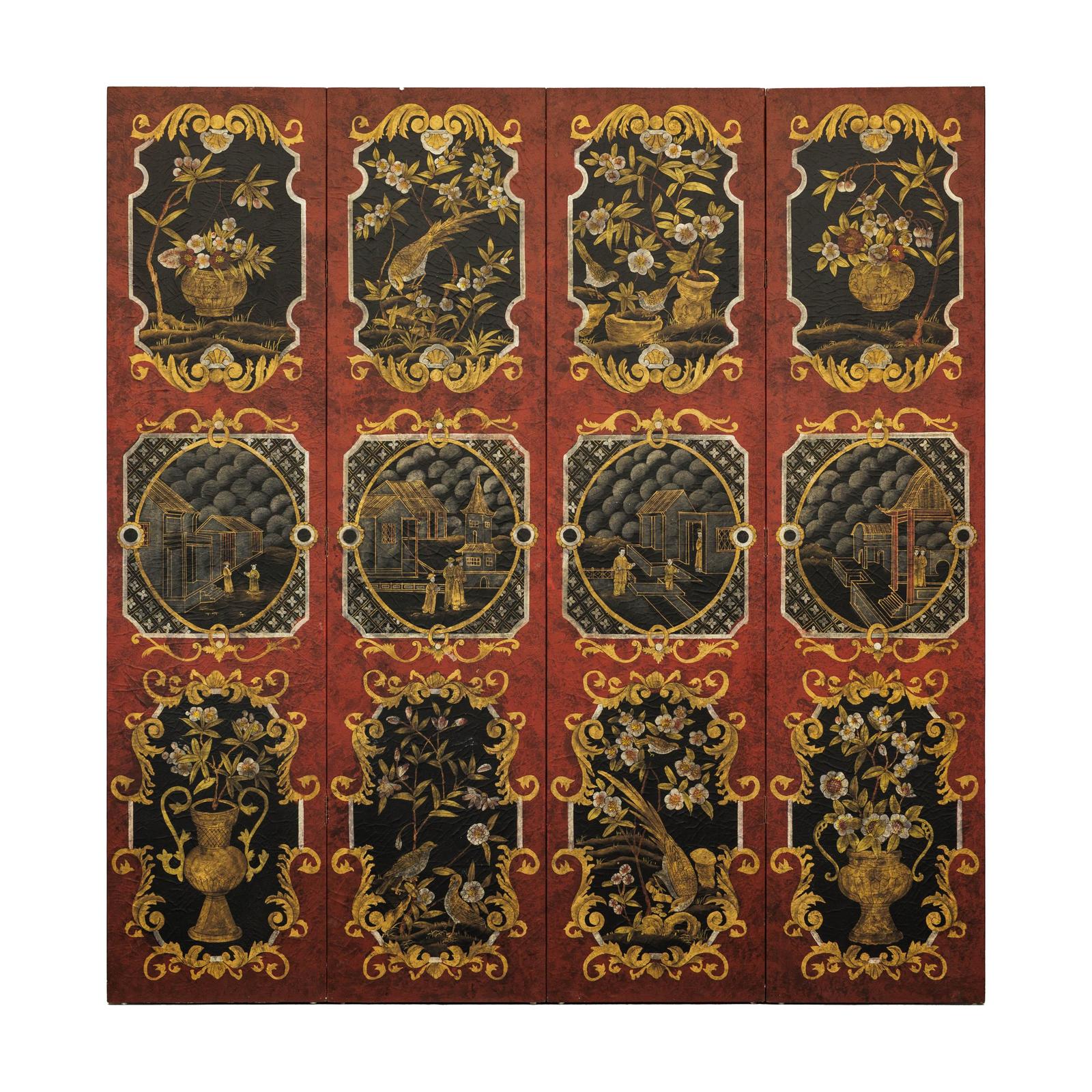 Four-Panel Cinnabar Red and Black Lacquered Screen with Gilt Chinoiserie Motifs-20. Asian &amp; Chinese Furniture, Art, Antiques, Vintage Home Décor for sale at FEA Home