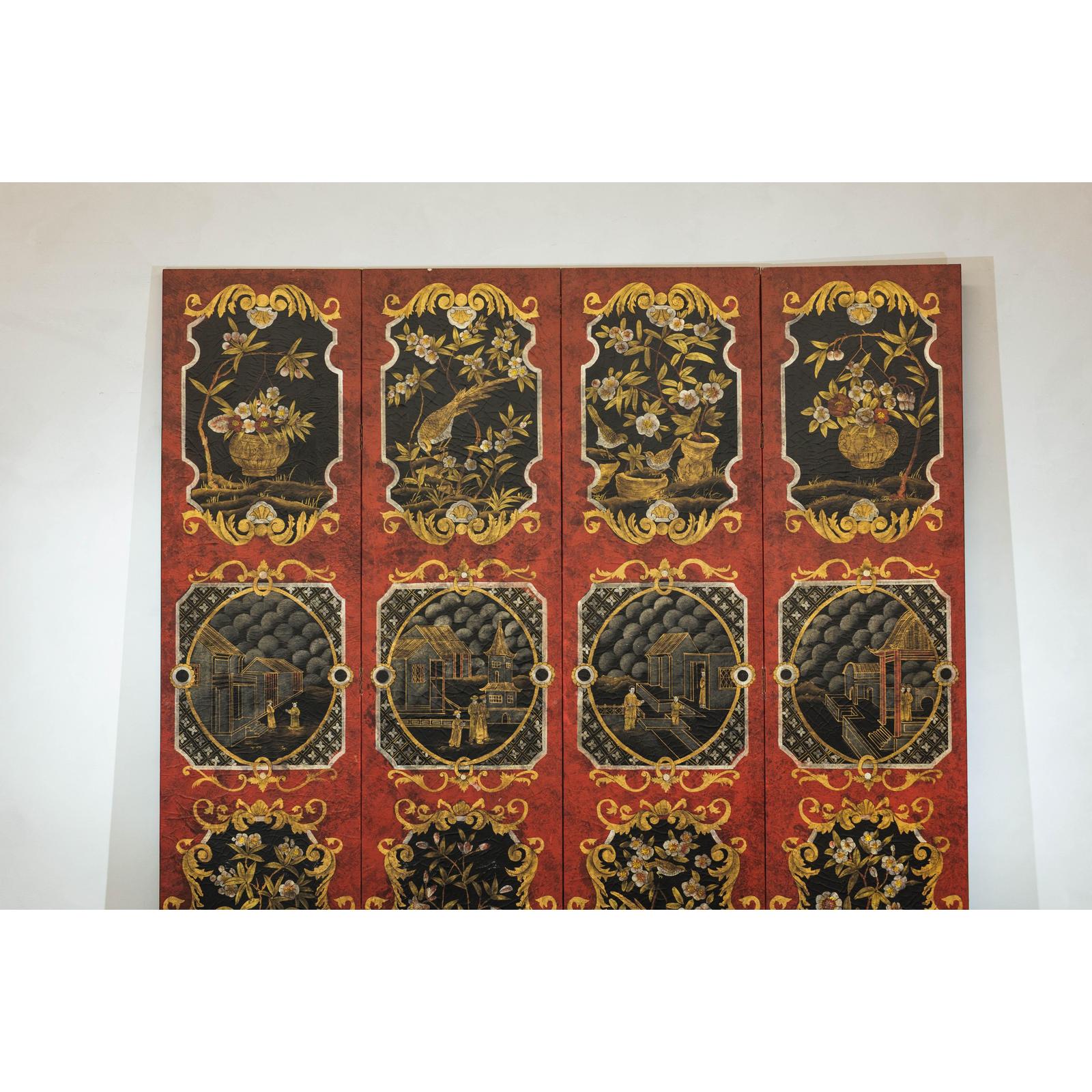 Four-Panel Cinnabar Red and Black Lacquered Screen with Gilt Chinoiserie Motifs-3. Asian &amp; Chinese Furniture, Art, Antiques, Vintage Home Décor for sale at FEA Home