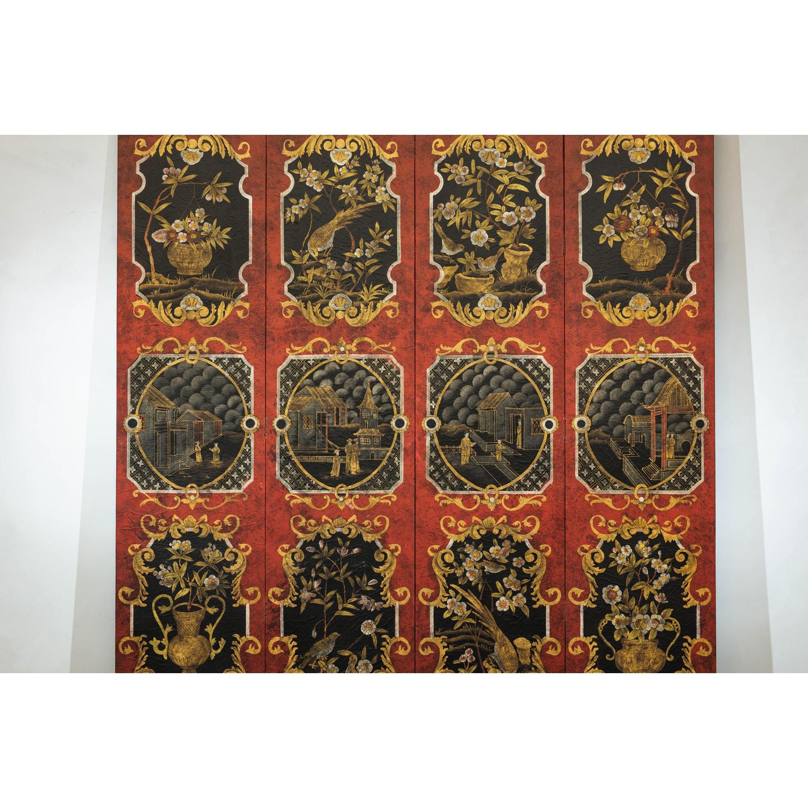 Four-Panel Cinnabar Red and Black Lacquered Screen with Gilt Chinoiserie Motifs-4. Asian &amp; Chinese Furniture, Art, Antiques, Vintage Home Décor for sale at FEA Home