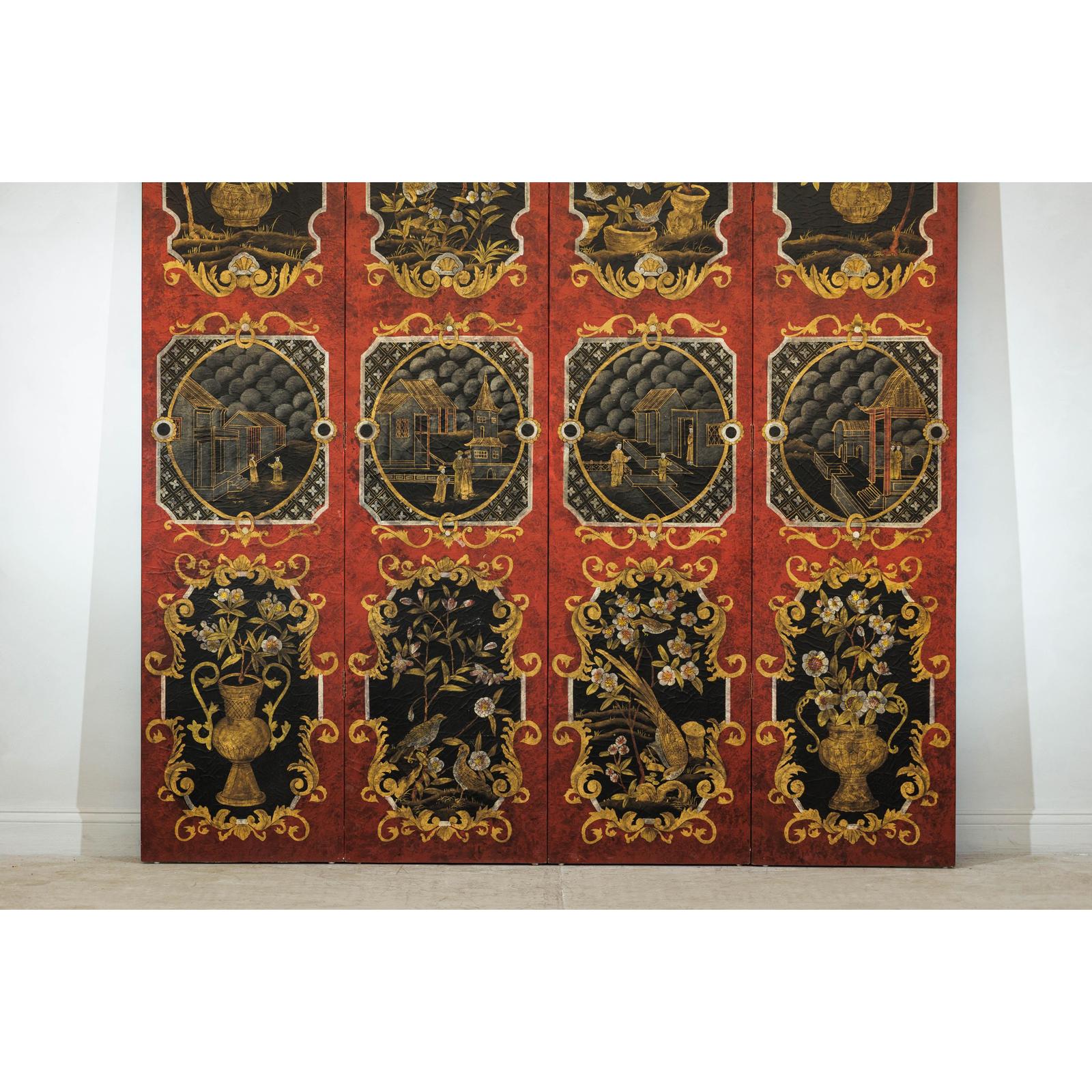 Four-Panel Cinnabar Red and Black Lacquered Screen with Gilt Chinoiserie Motifs-5. Asian &amp; Chinese Furniture, Art, Antiques, Vintage Home Décor for sale at FEA Home
