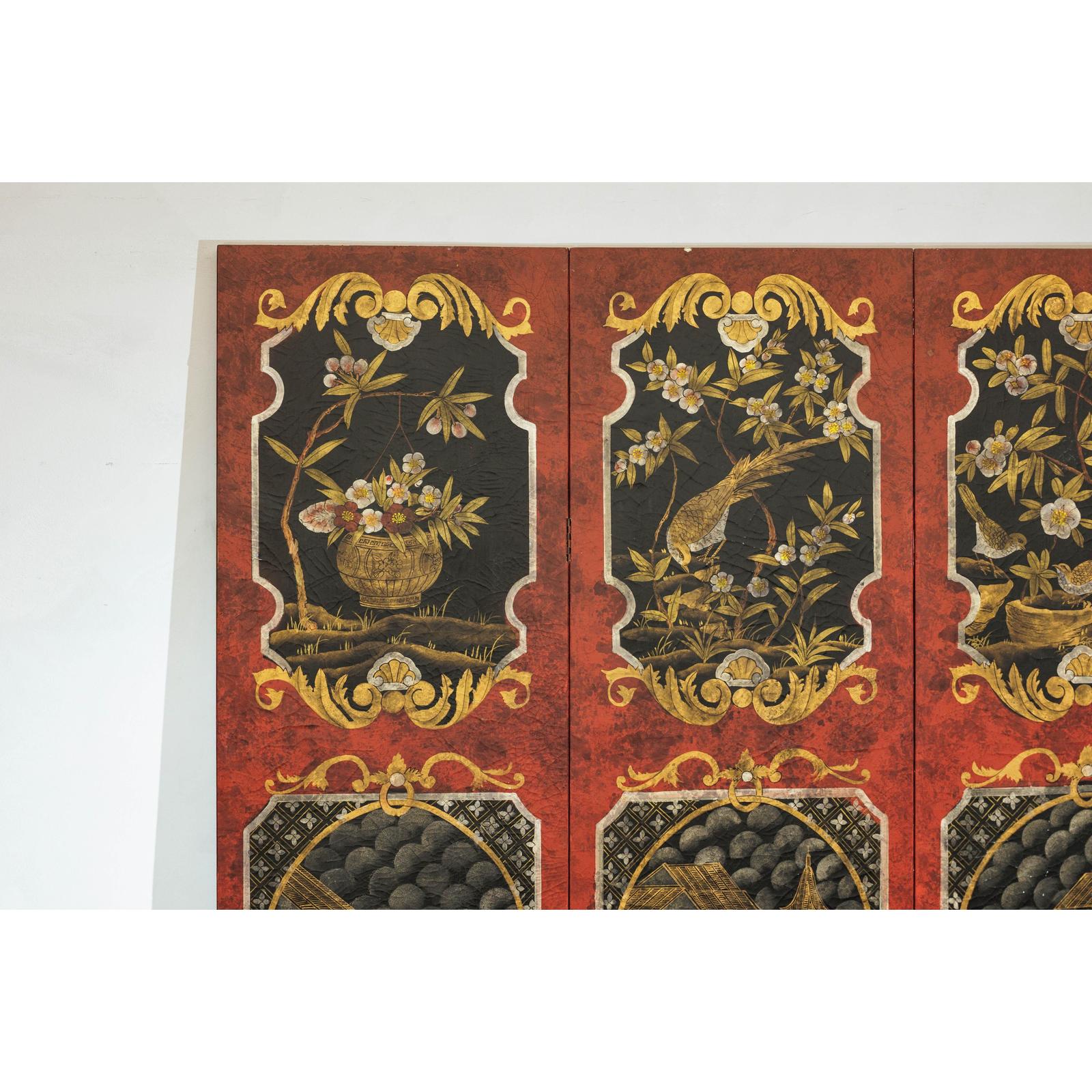 Four-Panel Cinnabar Red and Black Lacquered Screen with Gilt Chinoiserie Motifs-6. Asian &amp; Chinese Furniture, Art, Antiques, Vintage Home Décor for sale at FEA Home