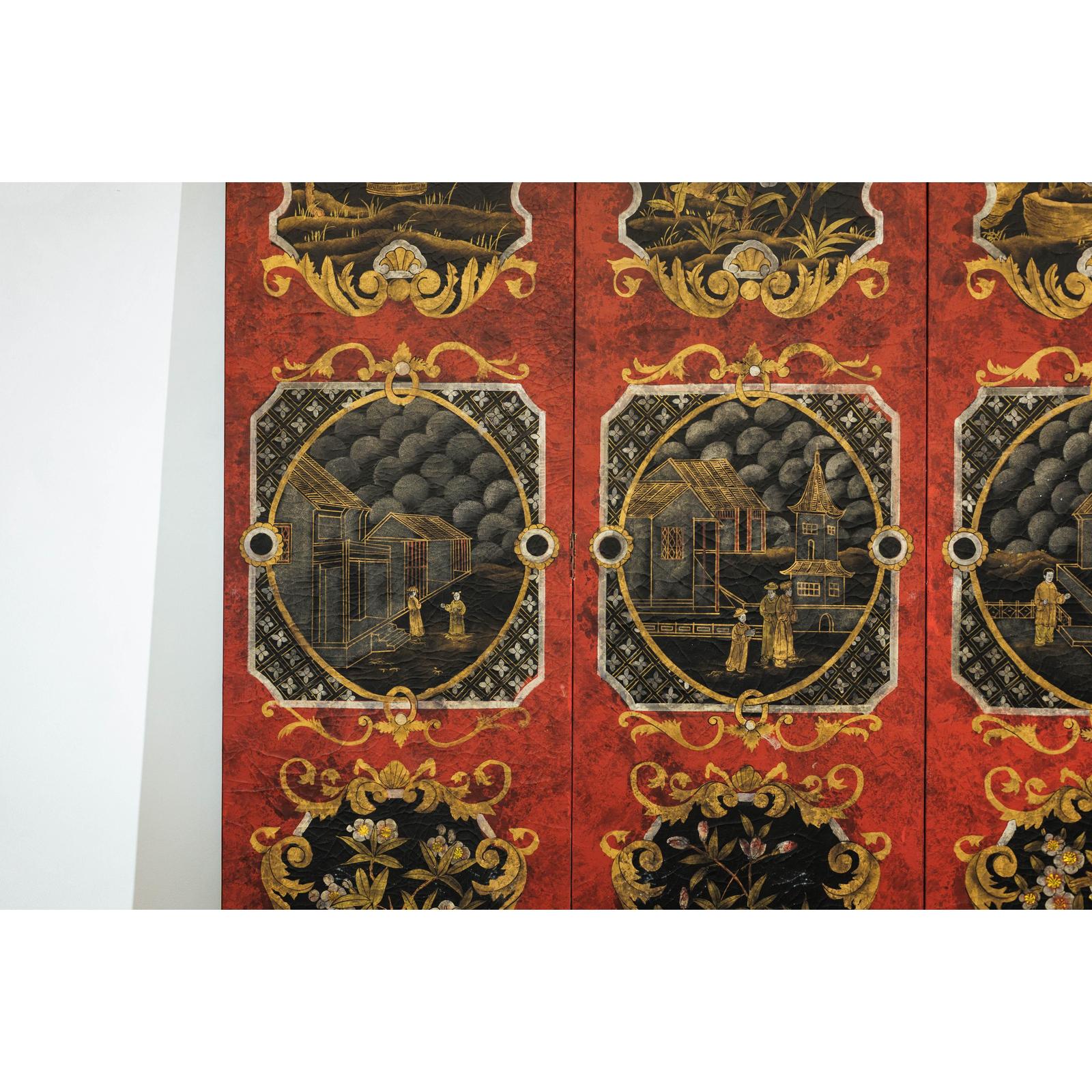 Four-Panel Cinnabar Red and Black Lacquered Screen with Gilt Chinoiserie Motifs-7. Asian &amp; Chinese Furniture, Art, Antiques, Vintage Home Décor for sale at FEA Home