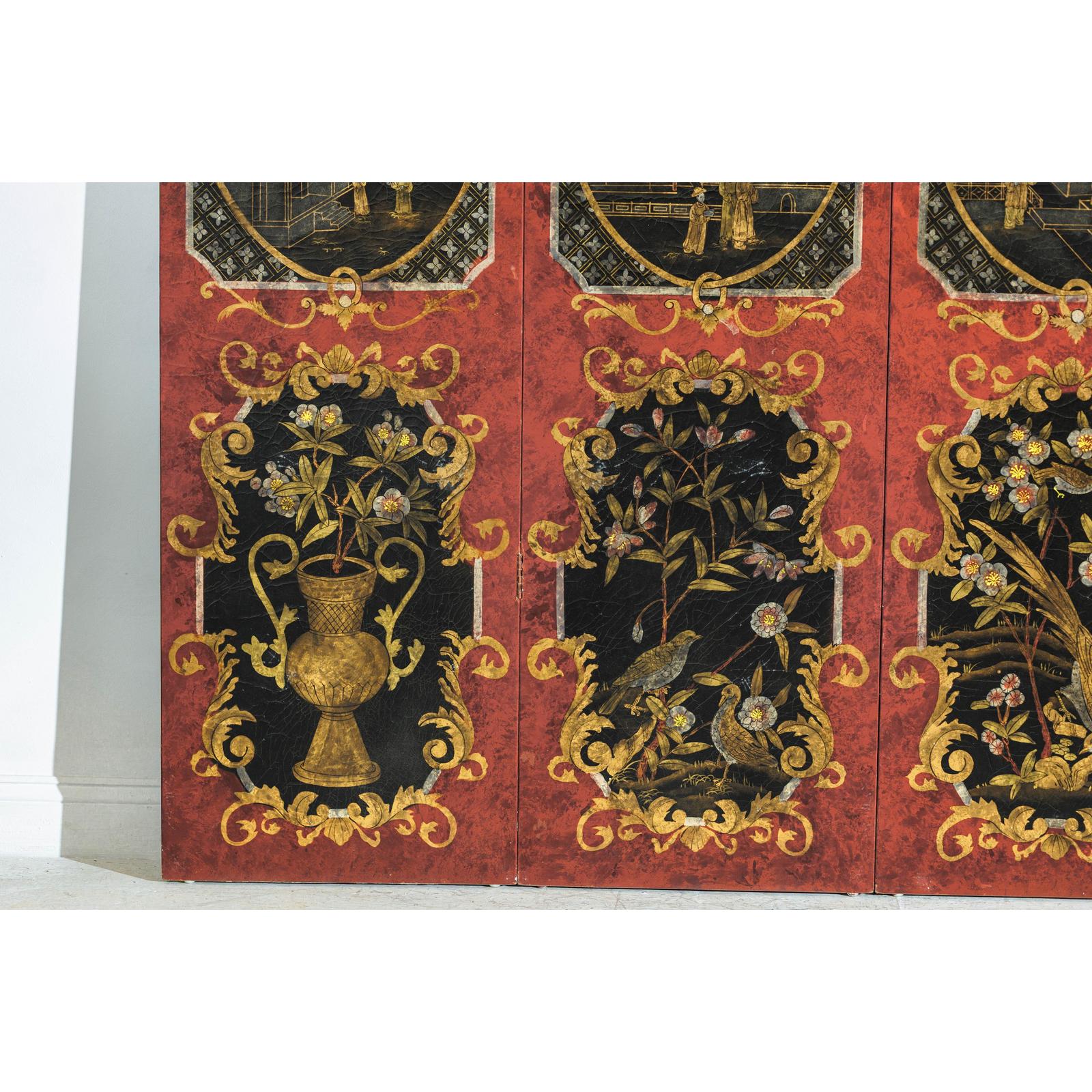 Four-Panel Cinnabar Red and Black Lacquered Screen with Gilt Chinoiserie Motifs-8. Asian &amp; Chinese Furniture, Art, Antiques, Vintage Home Décor for sale at FEA Home