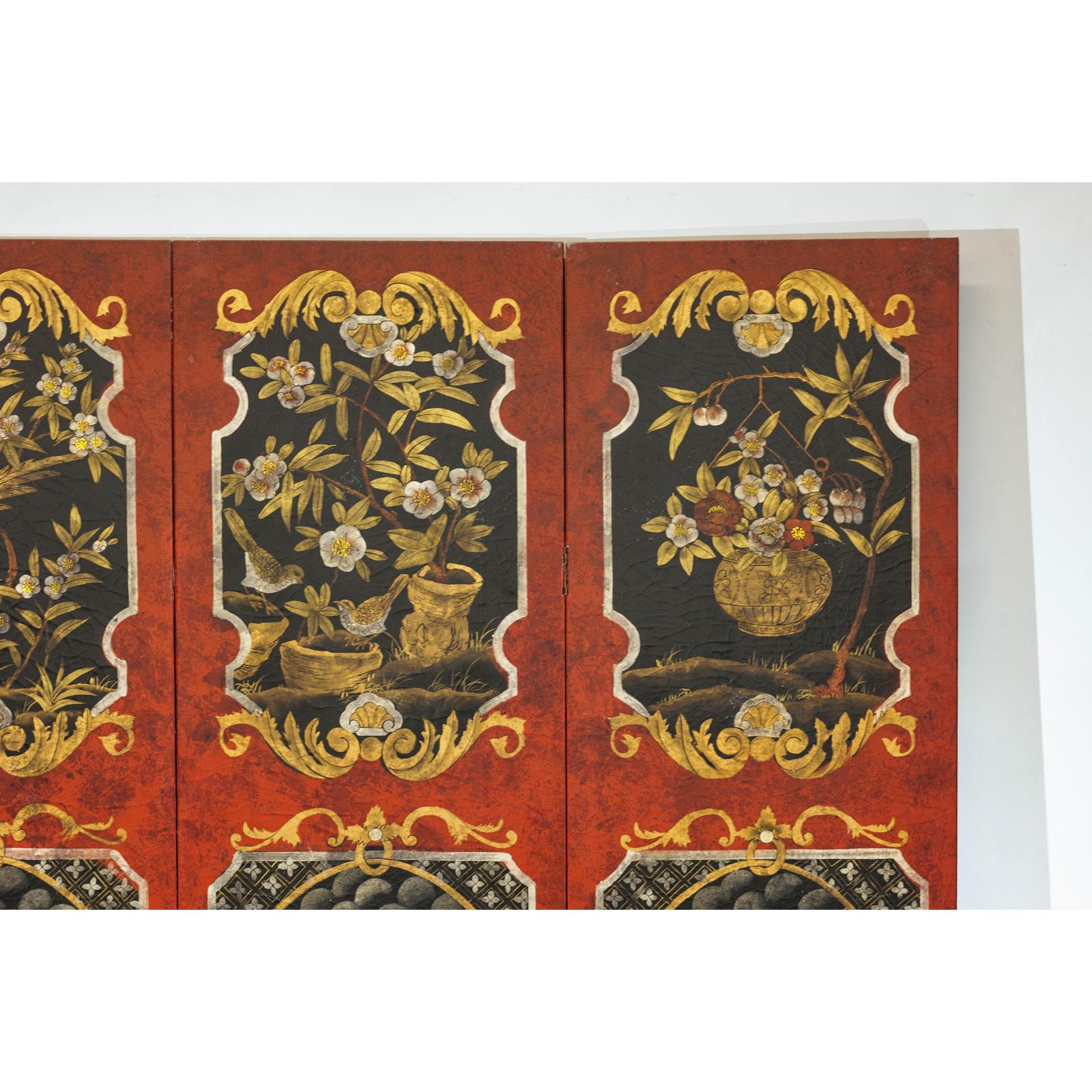 Four-Panel Cinnabar Red and Black Lacquered Screen with Gilt Chinoiserie Motifs-9. Asian &amp; Chinese Furniture, Art, Antiques, Vintage Home Décor for sale at FEA Home