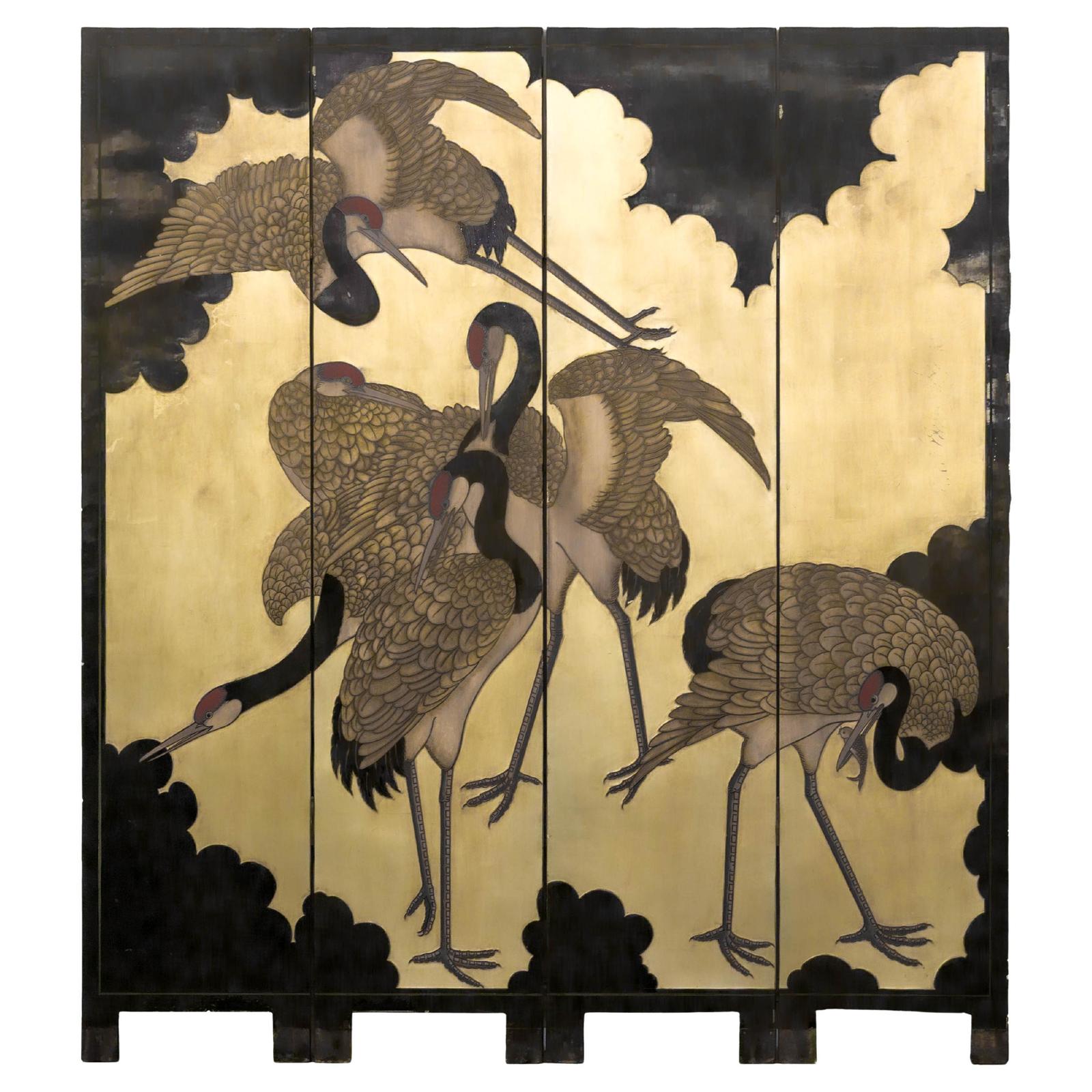 Four-Panel Folding Screen with Gilt Ground and Painted Cranes in Clouds-1. Asian & Chinese Furniture, Art, Antiques, Vintage Home Décor for sale at FEA Home