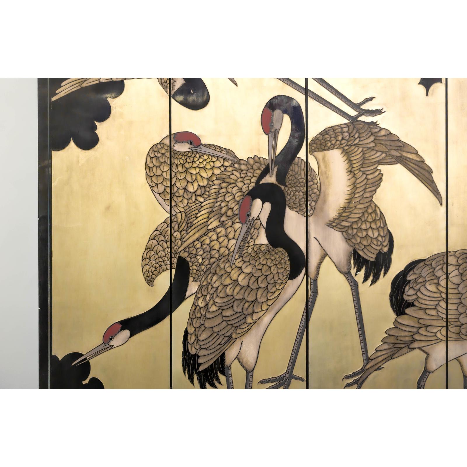 Four-Panel Folding Screen with Gilt Ground and Painted Cranes in Clouds-10. Asian &amp; Chinese Furniture, Art, Antiques, Vintage Home Décor for sale at FEA Home