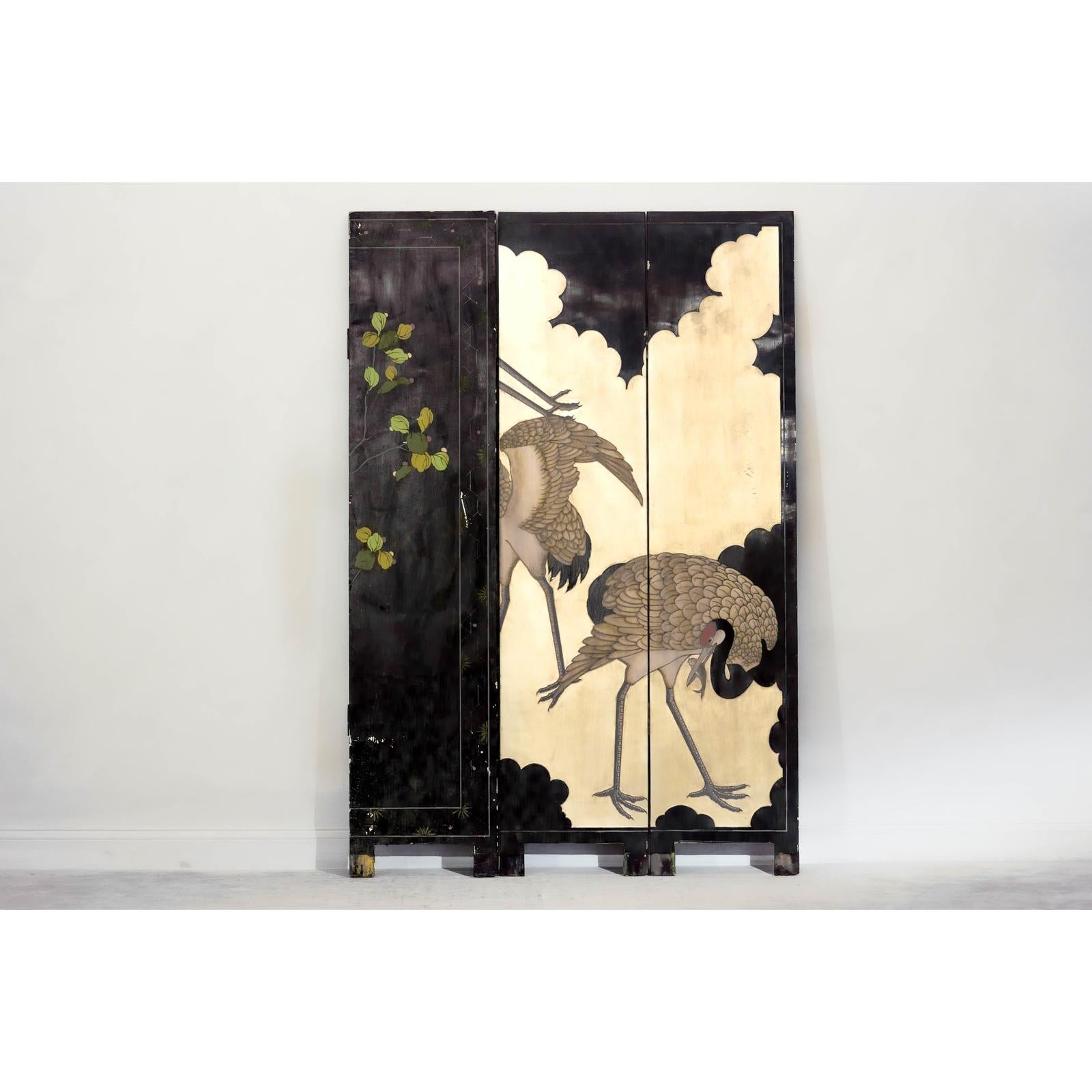 Four-Panel Folding Screen with Gilt Ground and Painted Cranes in Clouds-12. Asian &amp; Chinese Furniture, Art, Antiques, Vintage Home Décor for sale at FEA Home