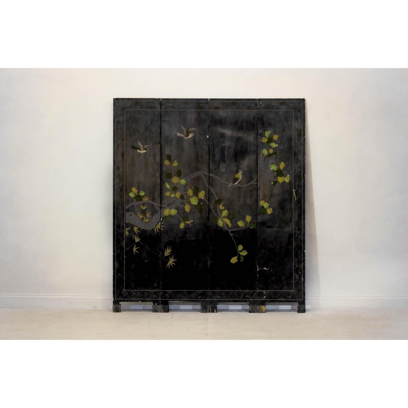Four-Panel Folding Screen with Gilt Ground and Painted Cranes in Clouds-13. Asian &amp; Chinese Furniture, Art, Antiques, Vintage Home Décor for sale at FEA Home