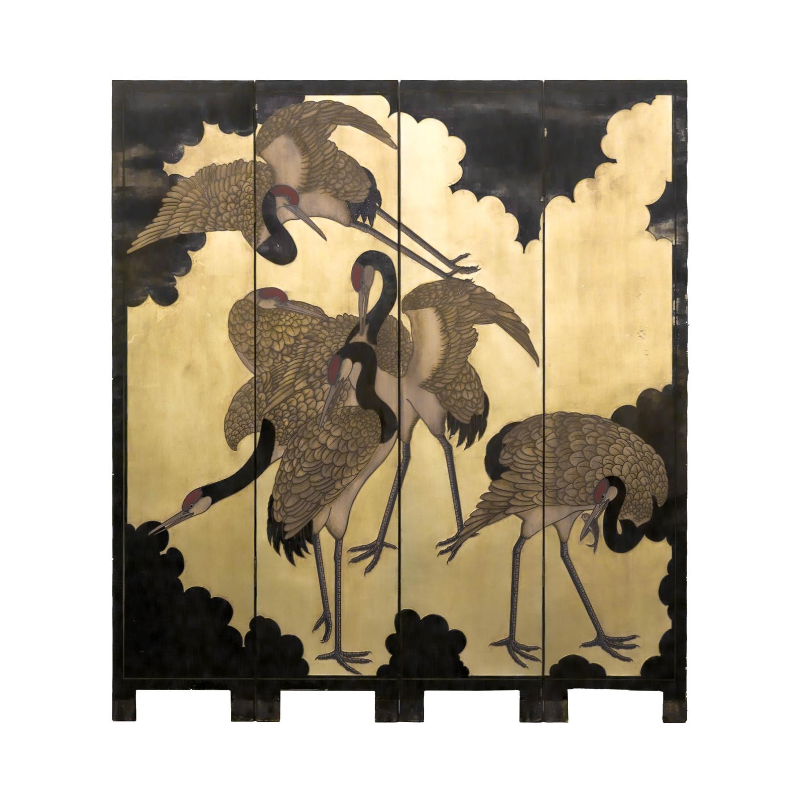 Four-Panel Folding Screen with Gilt Ground and Painted Cranes in Clouds-14. Asian &amp; Chinese Furniture, Art, Antiques, Vintage Home Décor for sale at FEA Home