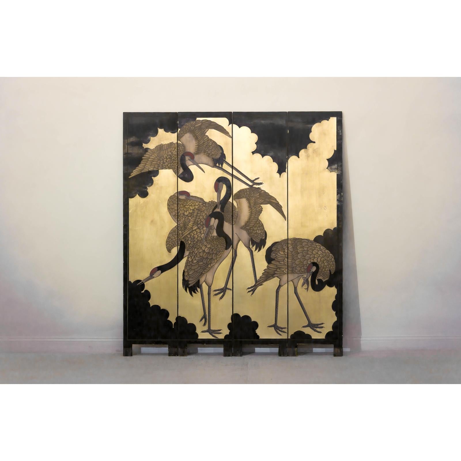 Four-Panel Folding Screen with Gilt Ground and Painted Cranes in Clouds-2. Asian & Chinese Furniture, Art, Antiques, Vintage Home Décor for sale at FEA Home
